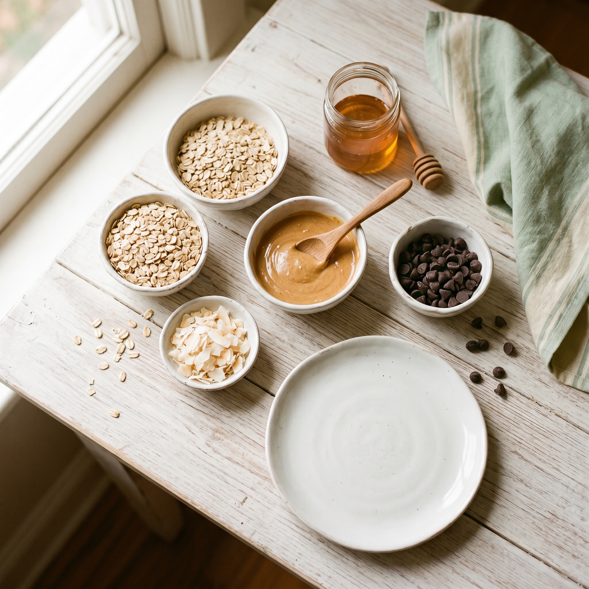 Ingredients for homemade no-bake protein bites arranged on white surface: oats, nut butter, honey, chocolate chips
