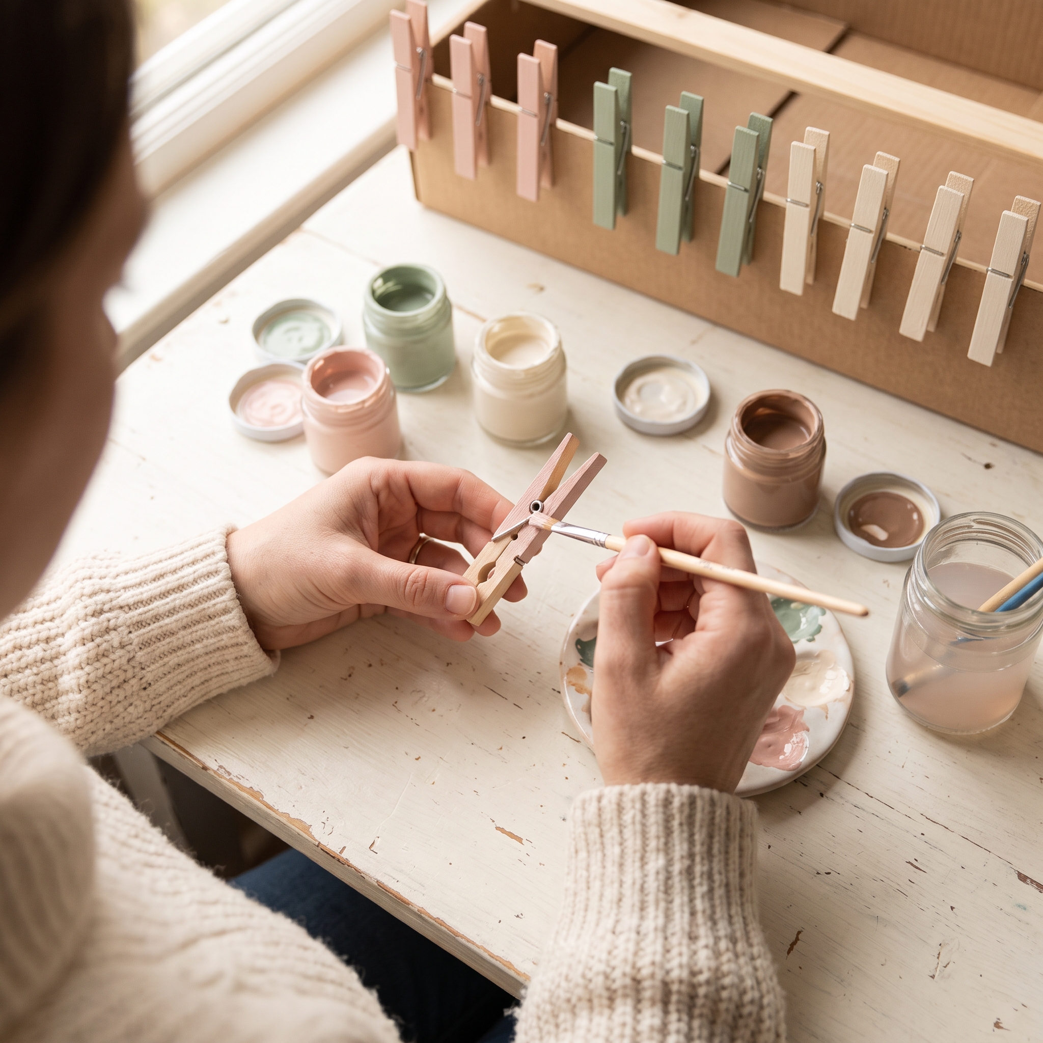 Hands painting wooden clothespins with soft pastel acrylic paint, clothespins clipped to a cardboard box to dry