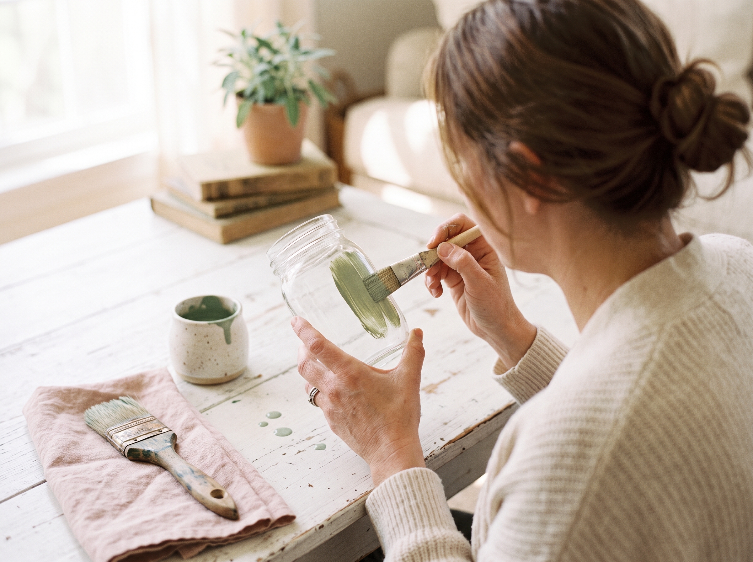 Hands painting the outside of a clear mason jar with a paintbrush dipped in soft sage acrylic paint