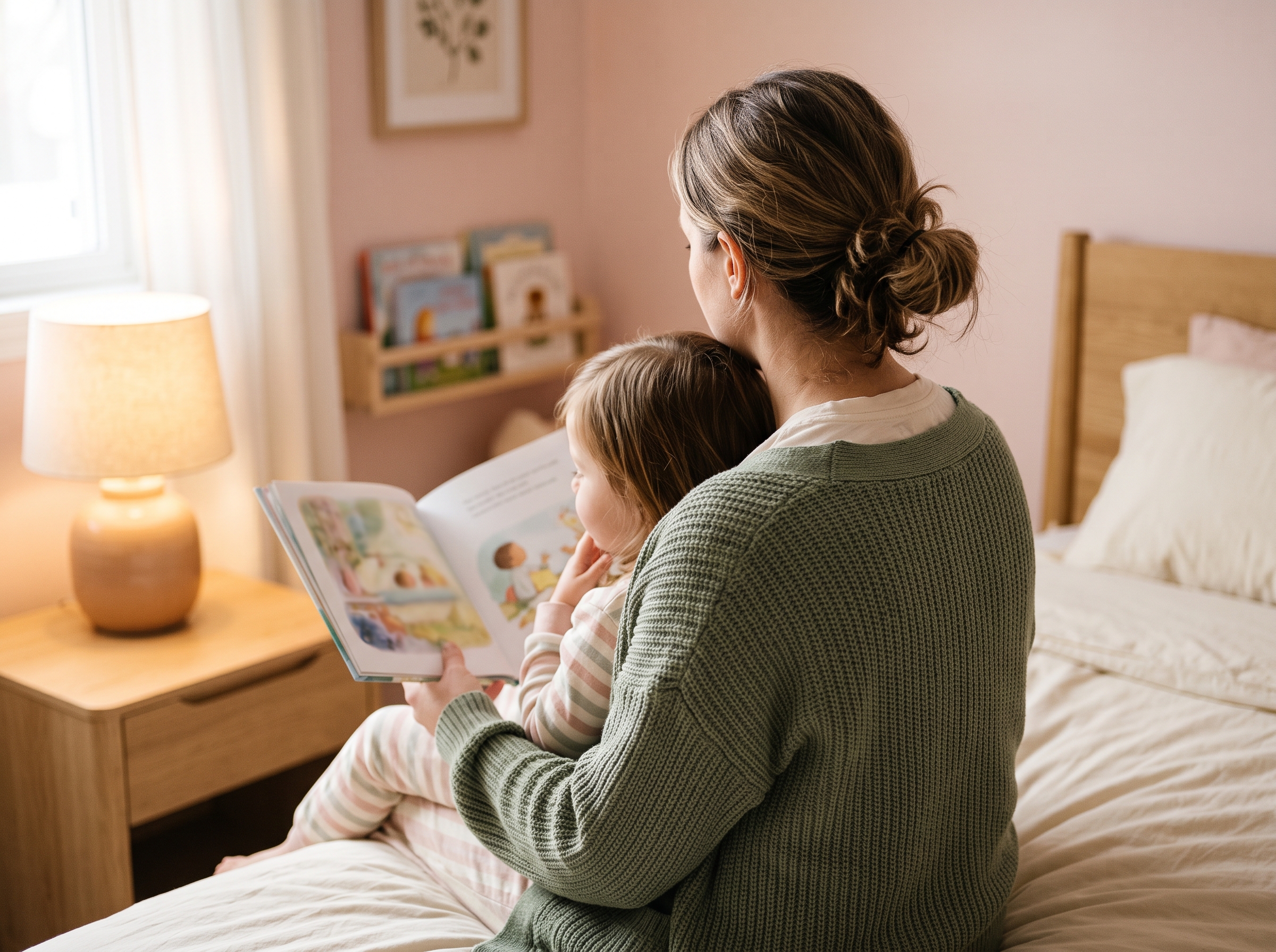 Parent and child at bedtime, adult reading to child in soft lamplight, faces not visible