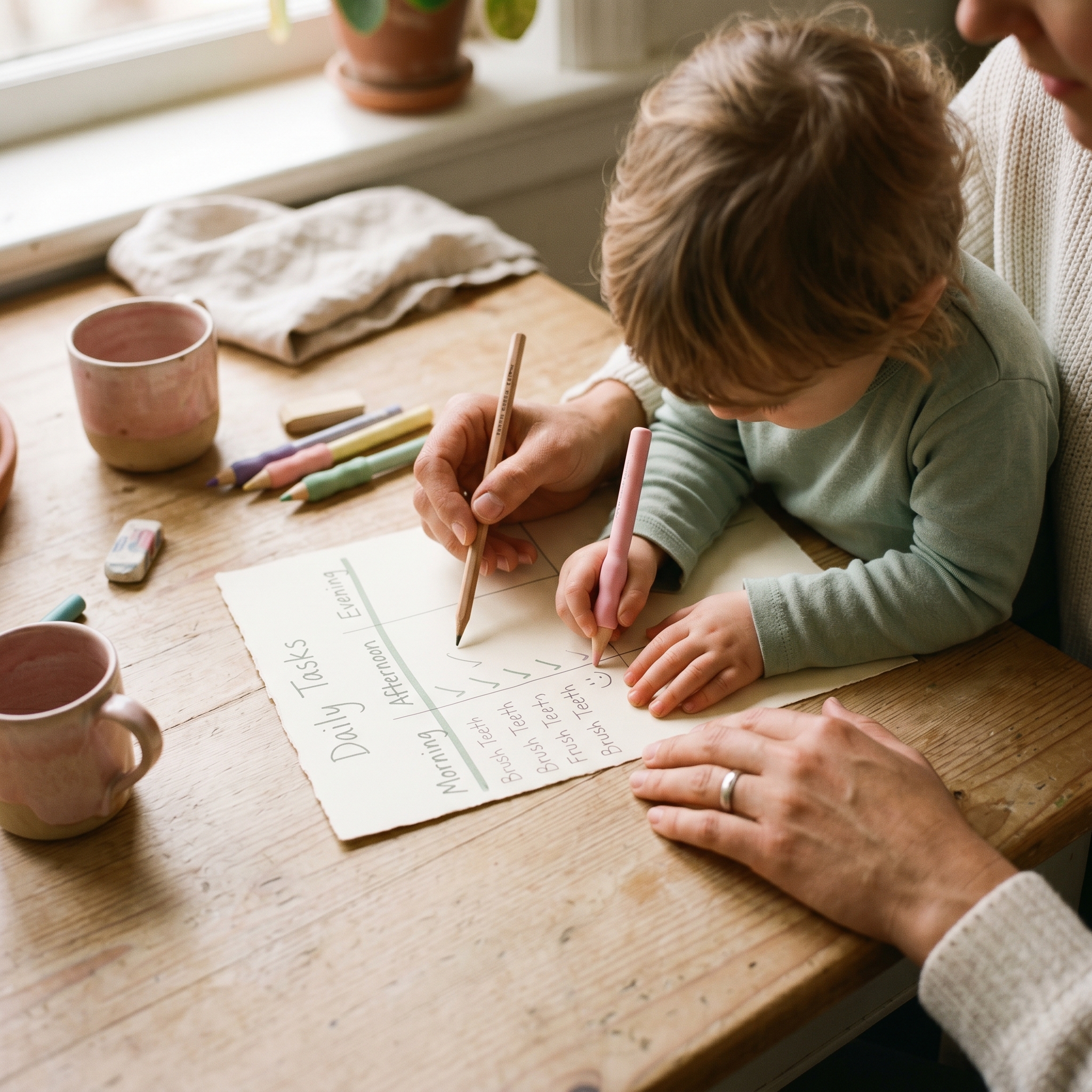 Adult and child hands working together on a planner or checklist at a table