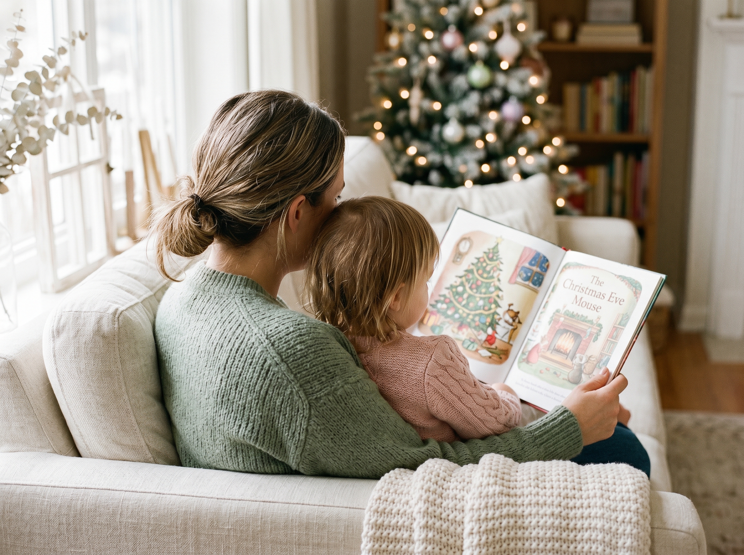 Adult and child sitting together on a cream sofa reading a Christmas picture book, soft window light