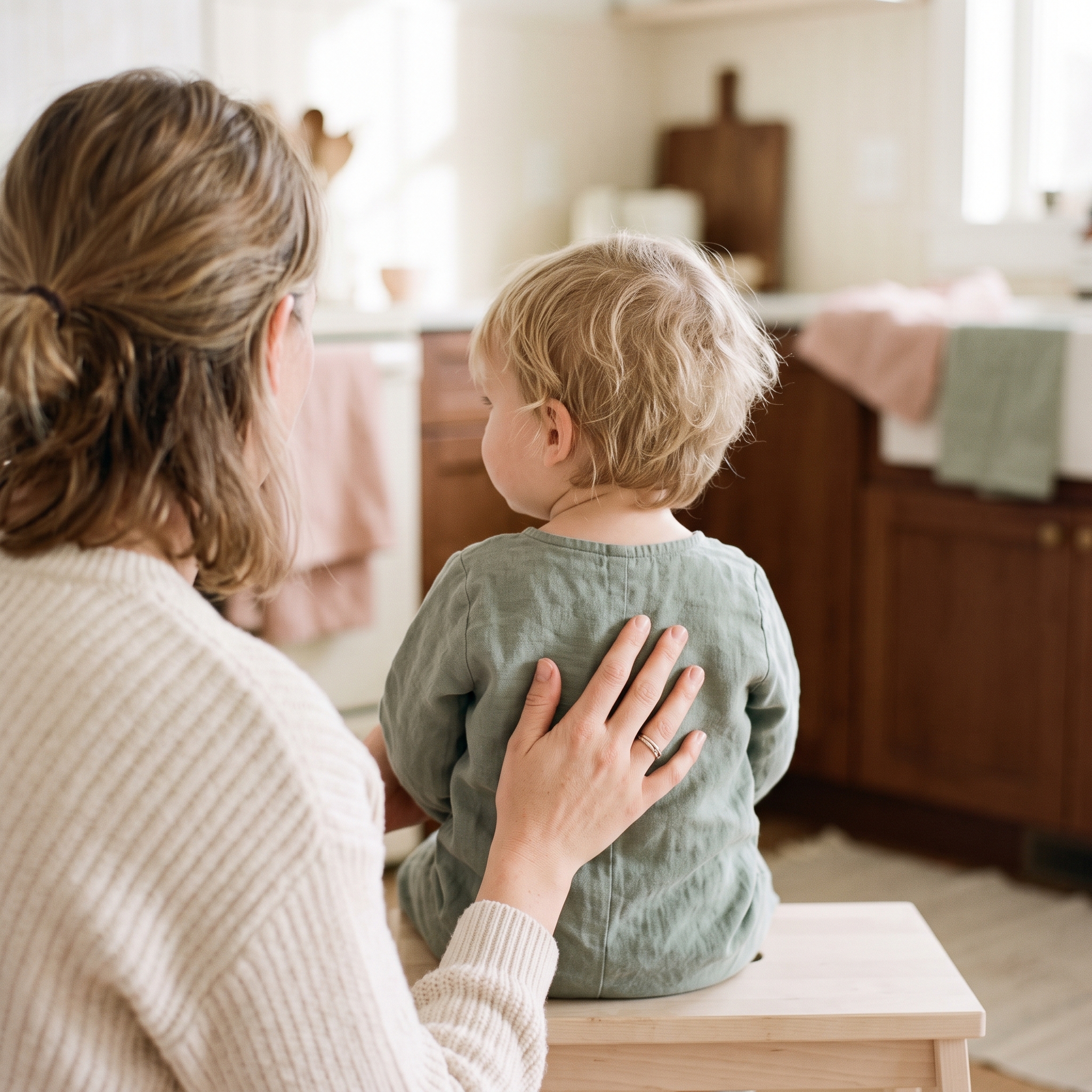 Parent's gentle hand on toddler's shoulder offering calm, steady presence during emotional moment