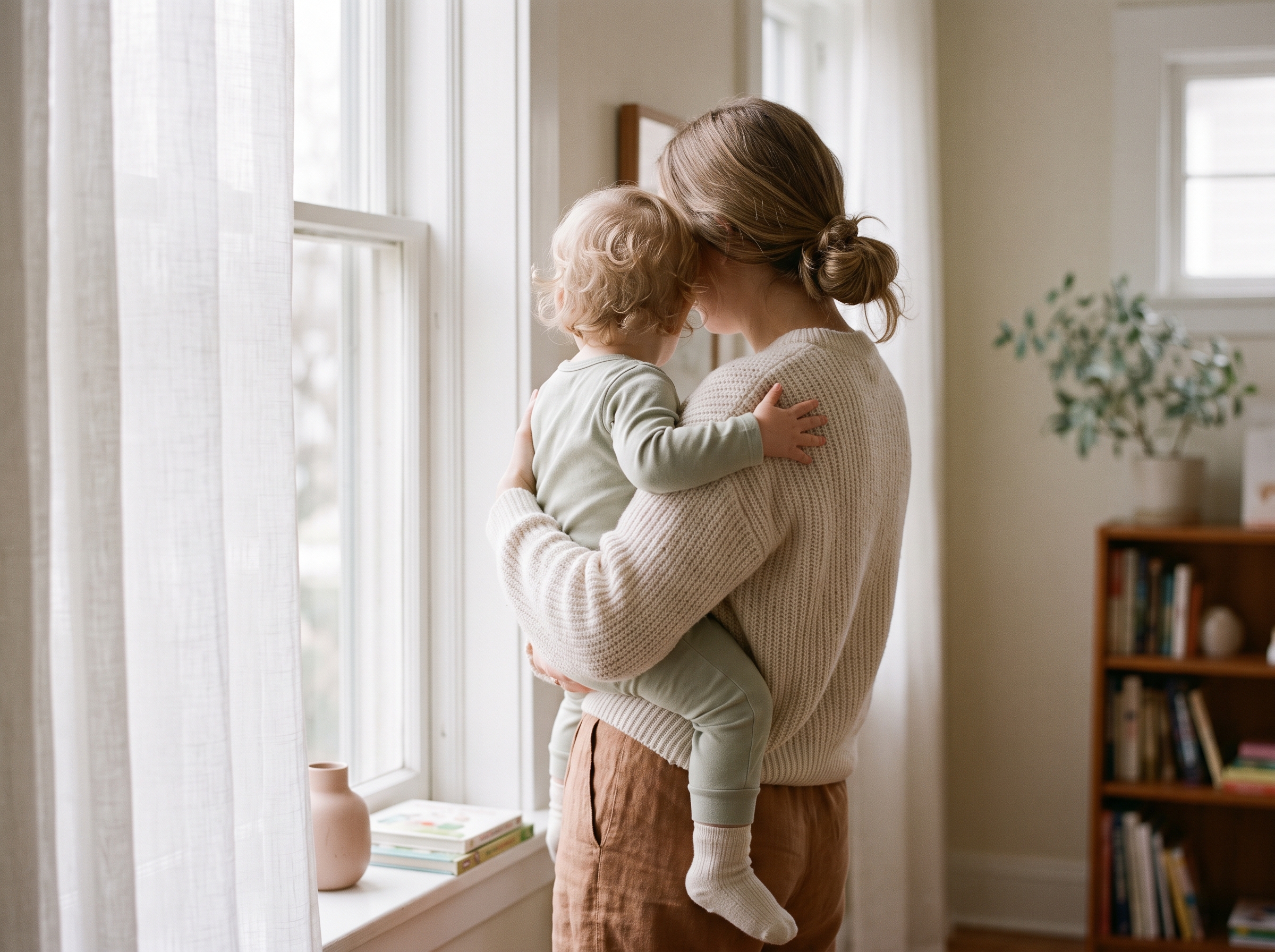Parent holding toddler from behind near window with soft natural light, moment of soothing