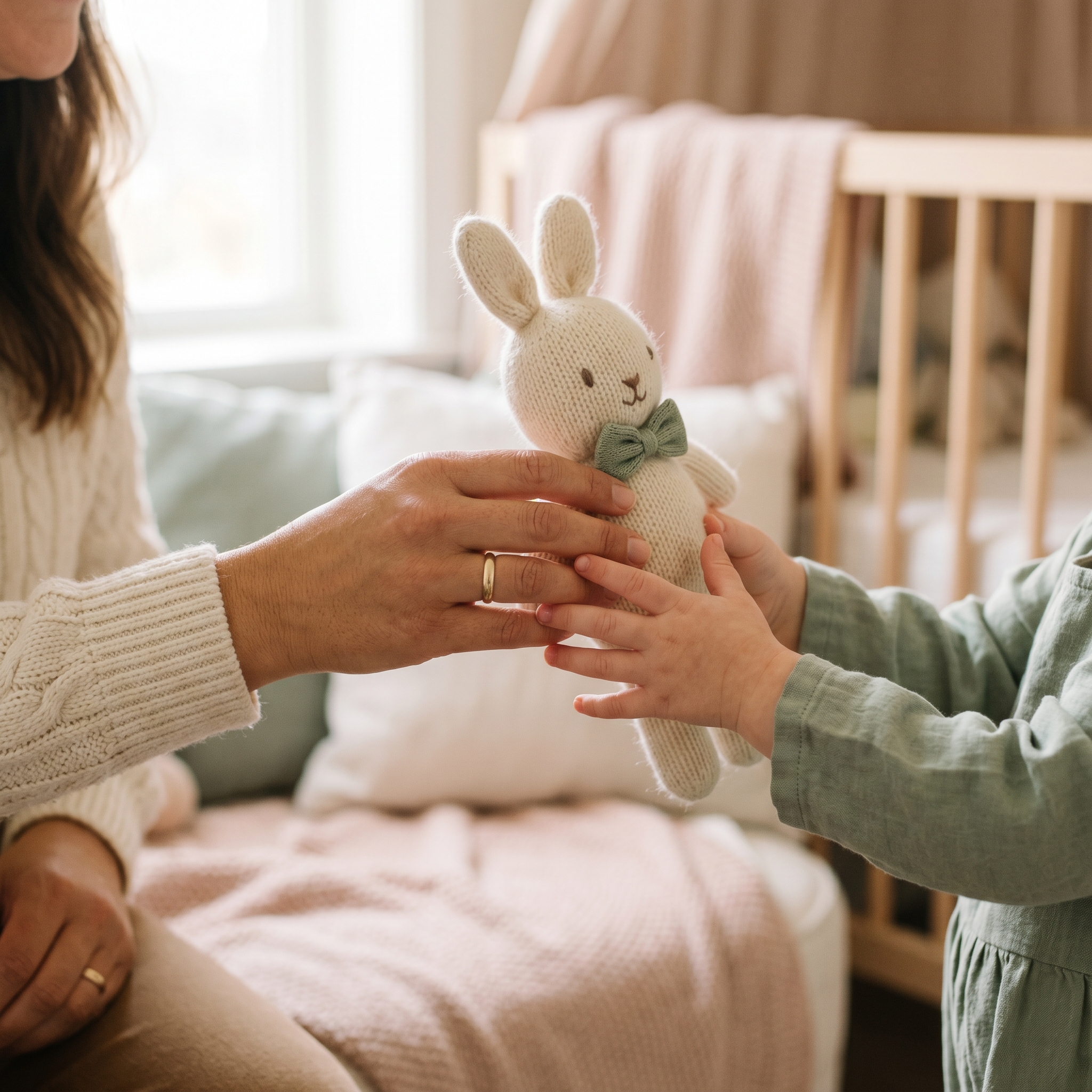 Adult hands gently offering a stuffed animal to a child's hands during a comfort moment