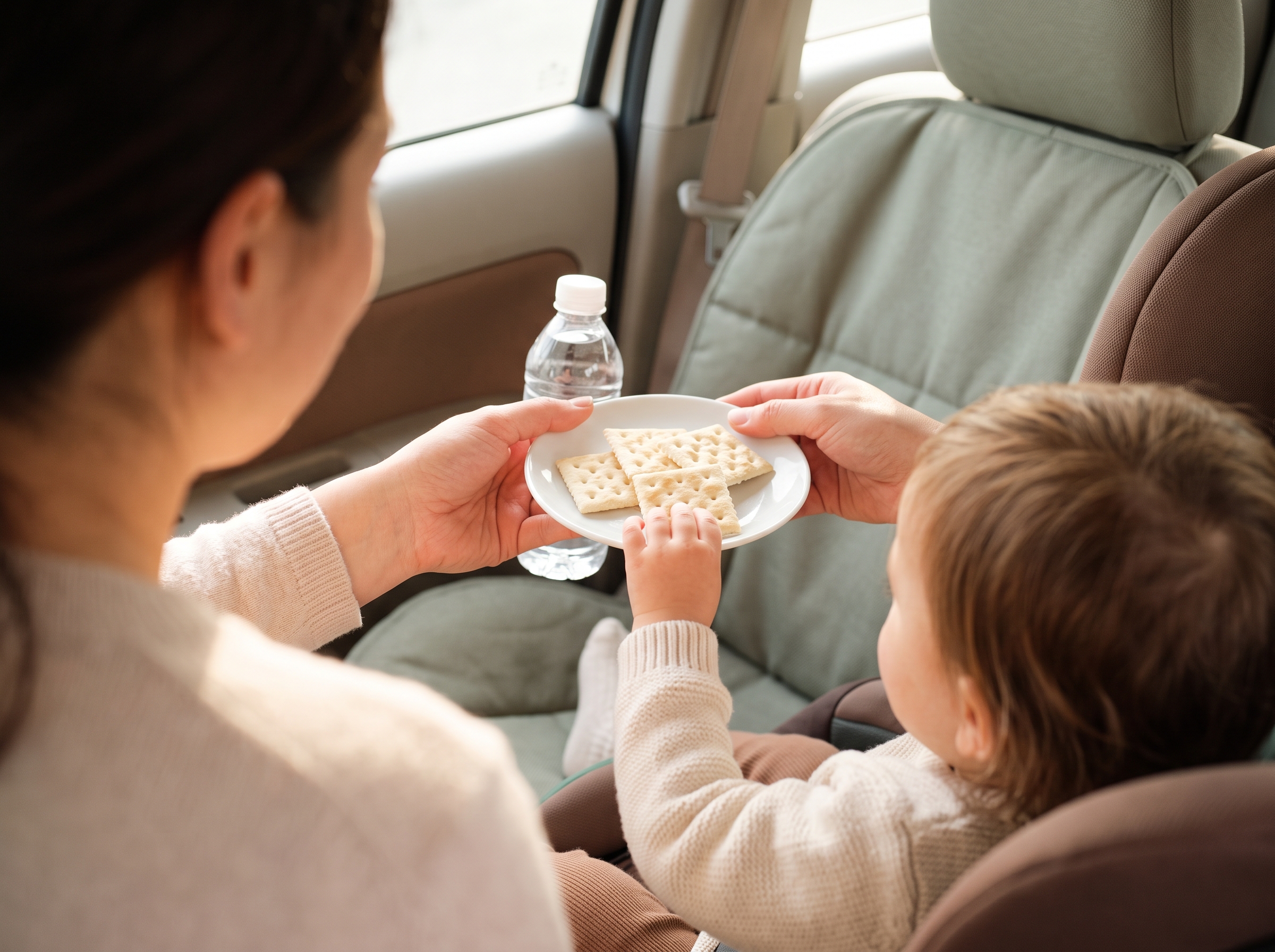 Parent's hands offering plain crackers and water to child in car backseat during travel