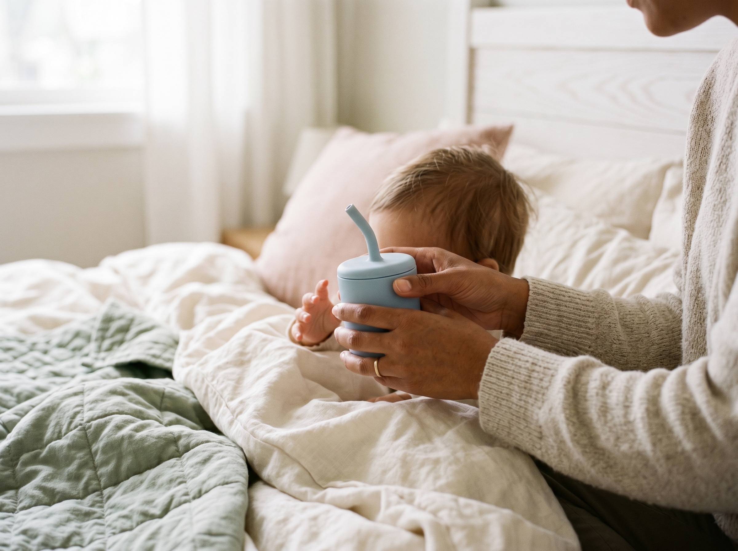 Parent's hands offering a cup of water with straw to a child in bed during illness