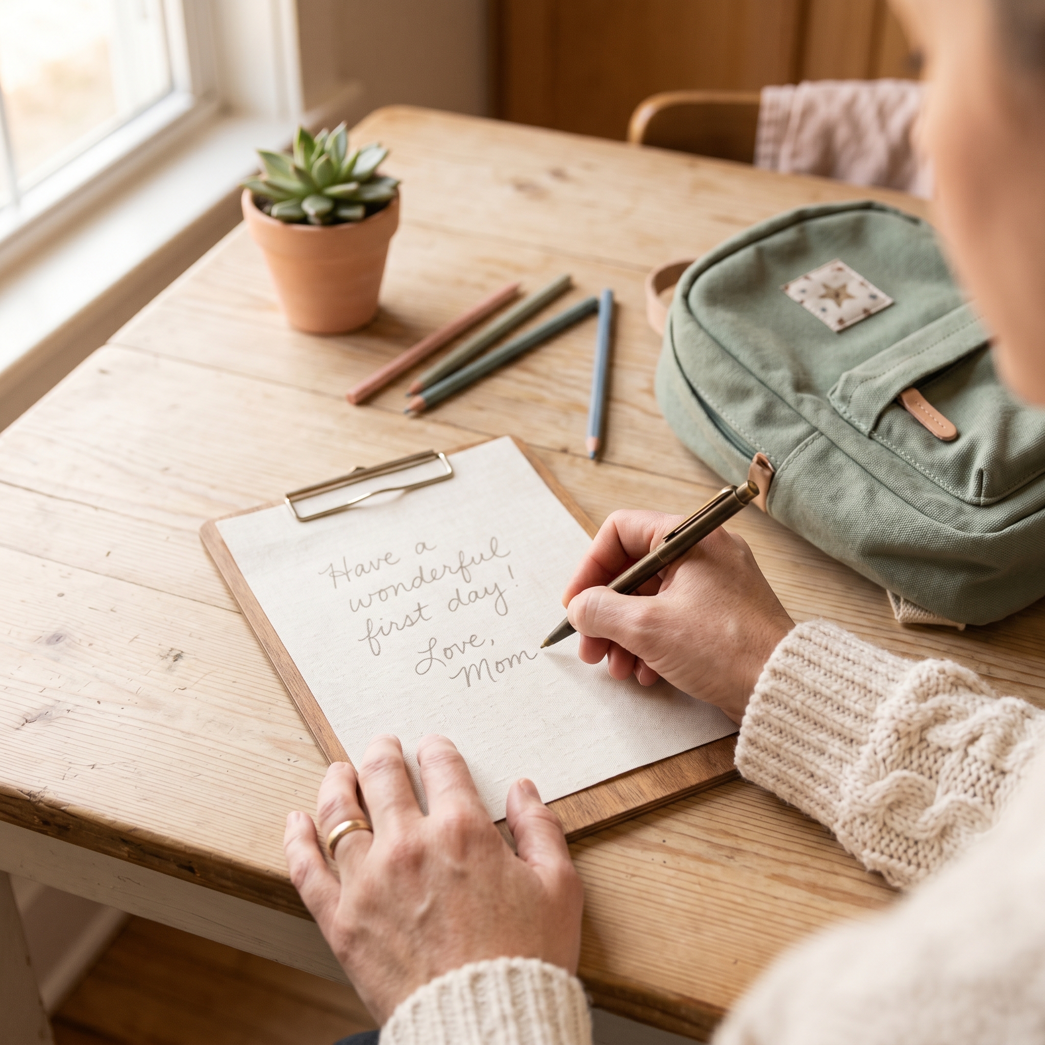 Parent's hands writing a message on notepaper at a kitchen table with a child's backpack nearby