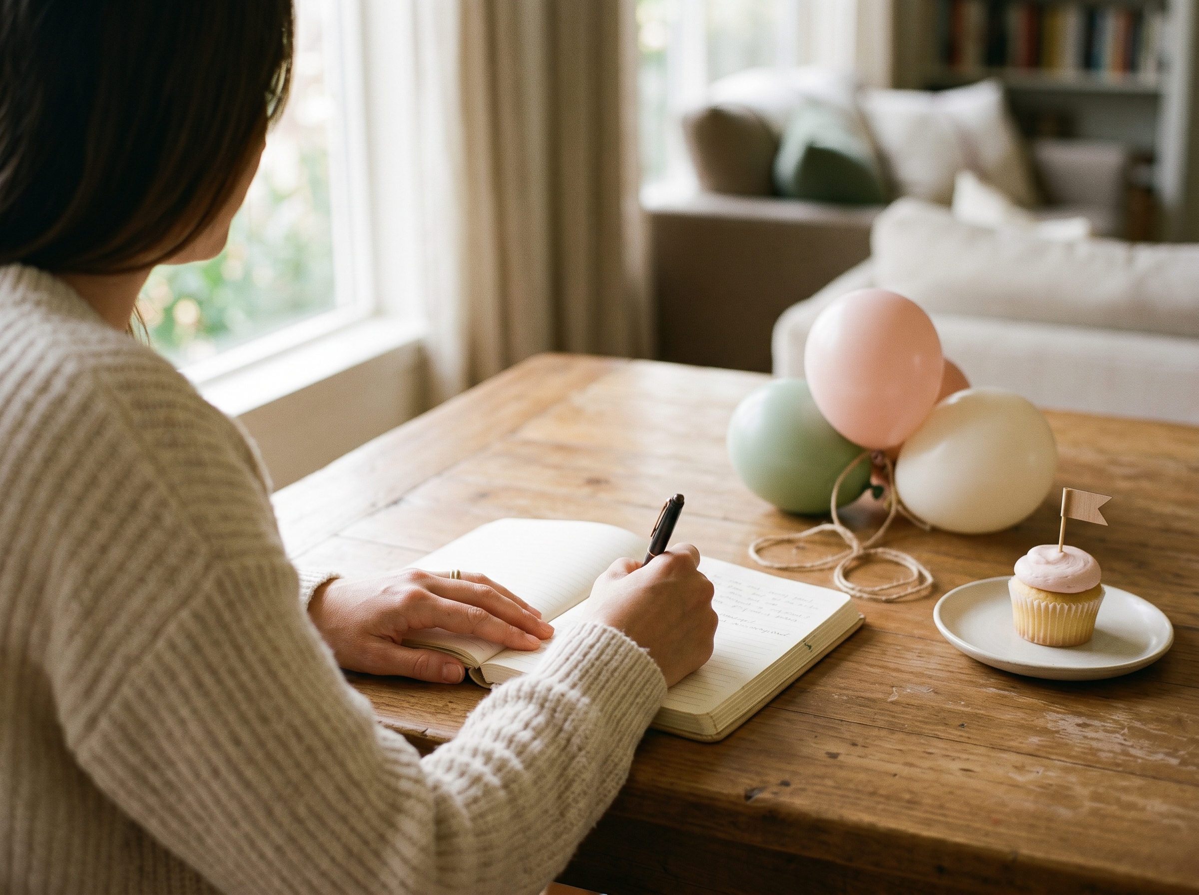 Parent's hands holding pen over open notebook with party planning notes on warm wooden table