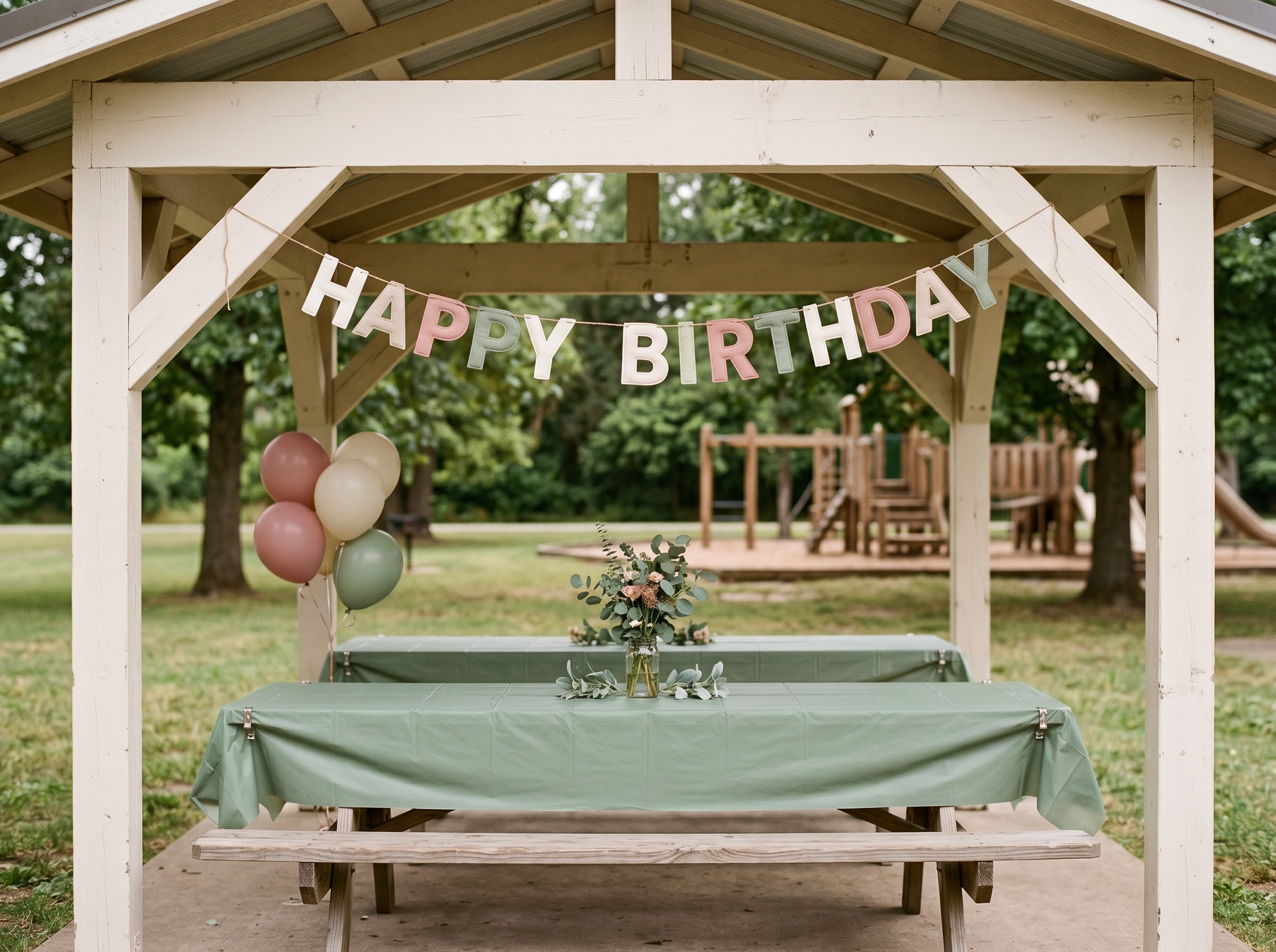 Empty picnic table under park shelter with tablecloth, clips, and decorations before guests arrive