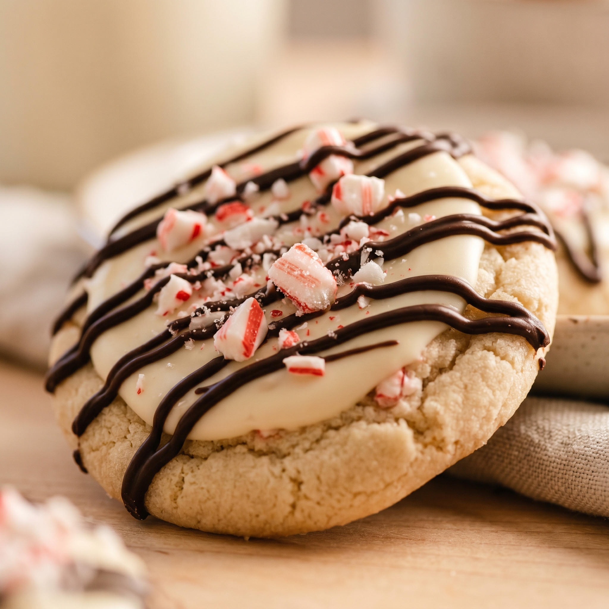Close-up of one peppermint bark cookie showing the dark chocolate, white chocolate, and candy cane crunch layers