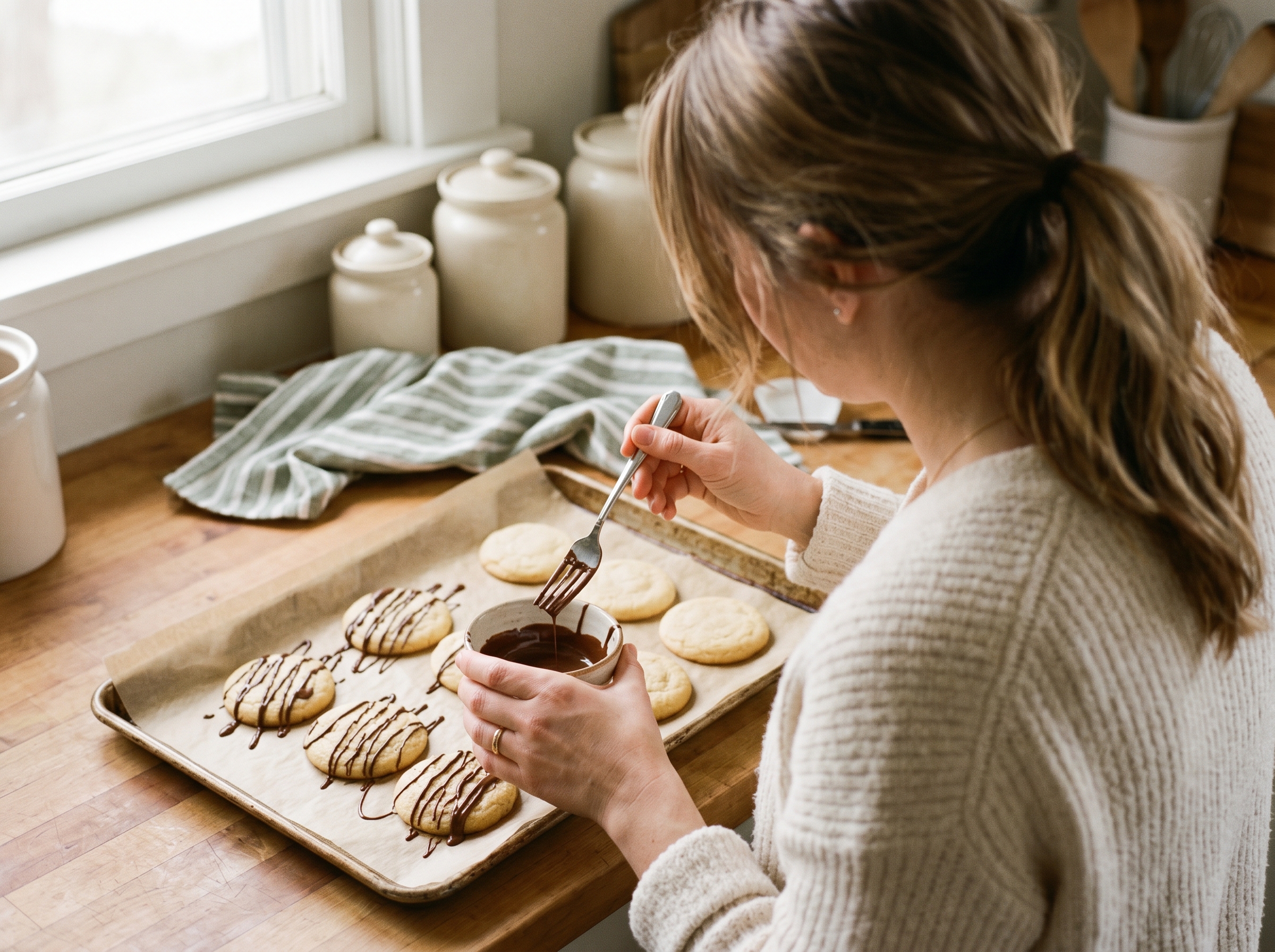 Hands drizzling dark chocolate over freshly baked peppermint bark sugar cookies on a baking sheet
