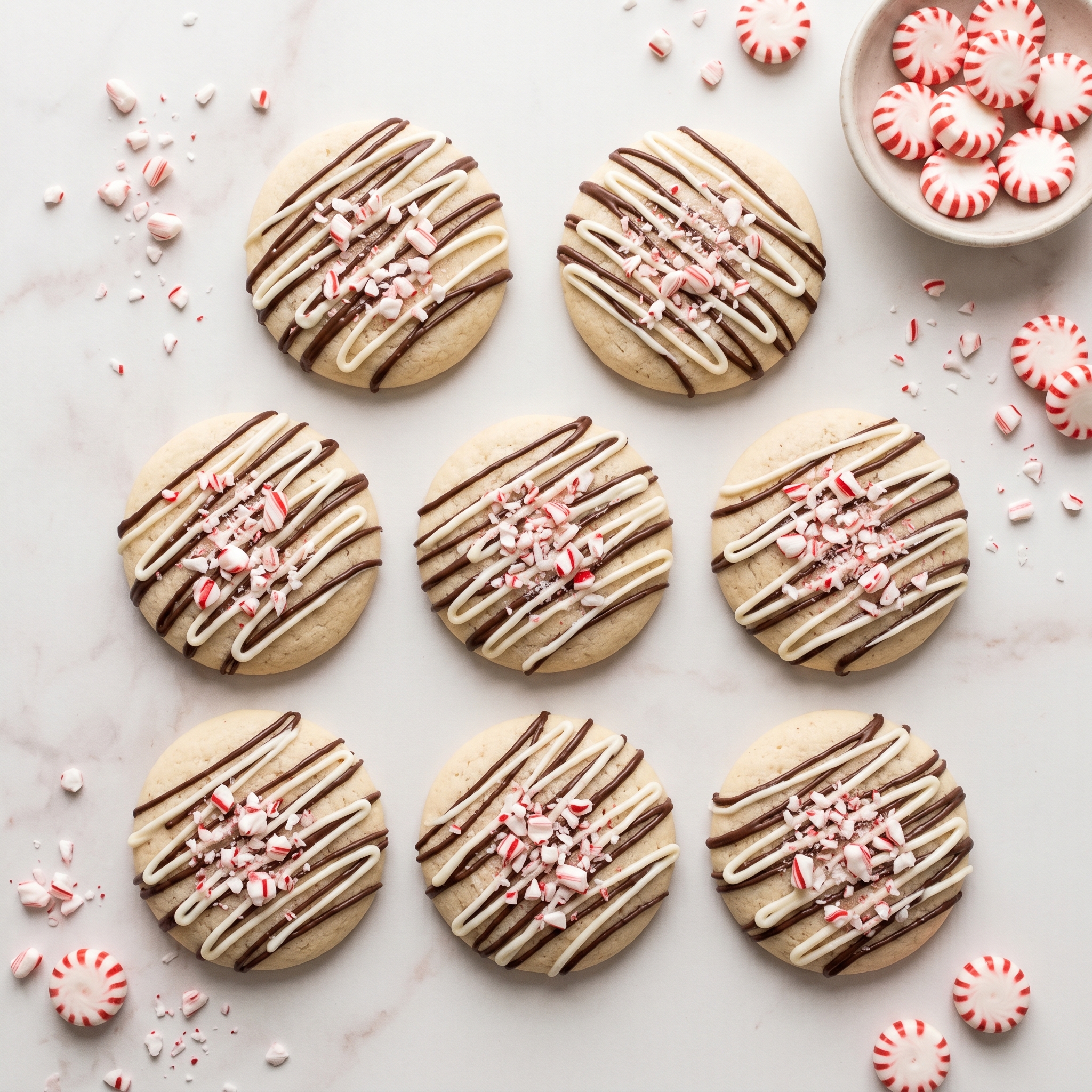 Peppermint bark sugar cookies arranged on white marble, with white chocolate drizzle and crushed candy cane pieces on top