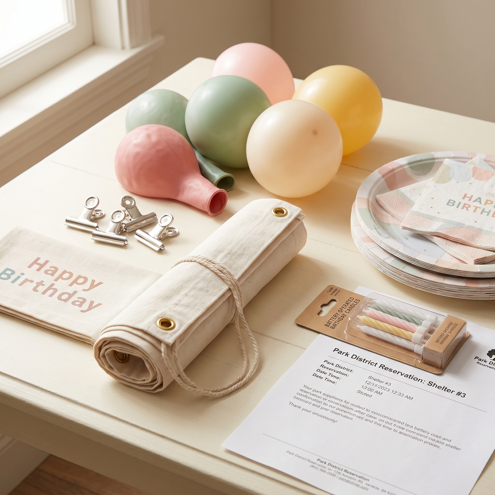 Birthday party planning checklist items laid flat: balloons, tablecloth clips, banner, themed plates