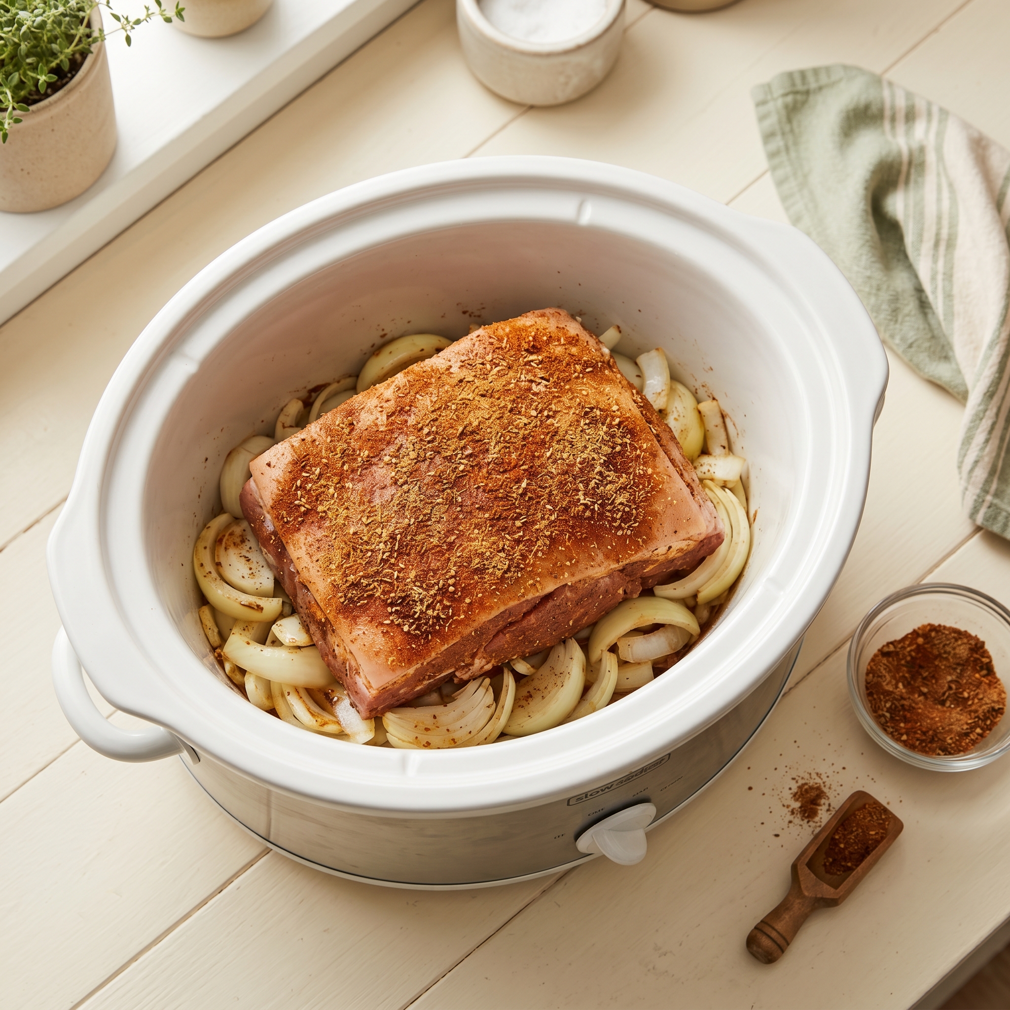 Raw pork shoulder with dry rub spices in a white slow cooker with sliced onions