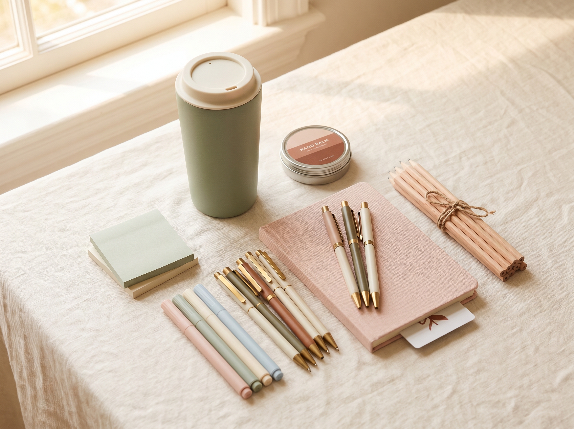 Assorted practical teacher gifts including quality tumbler, hand balm, stationery