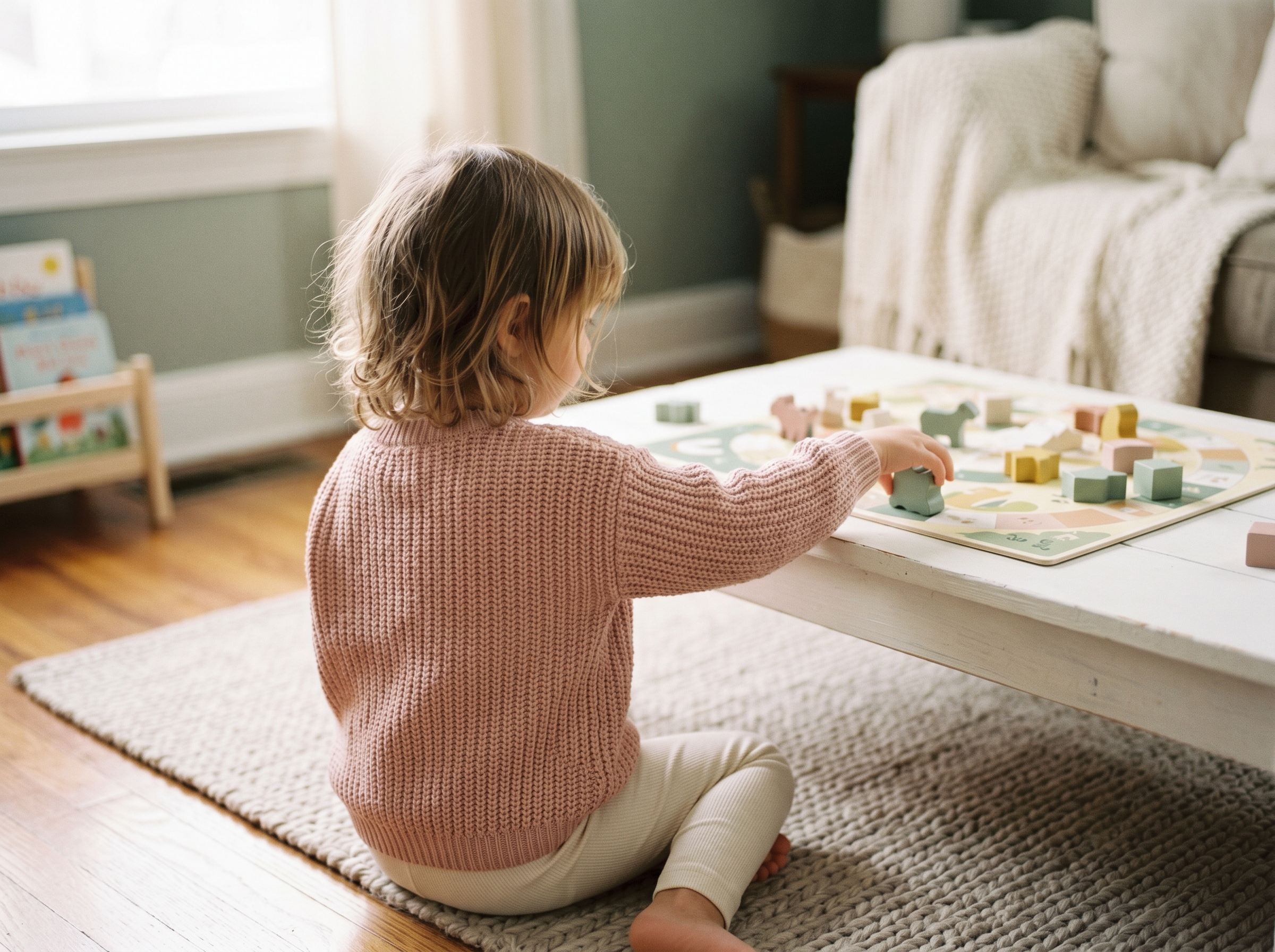 Child from behind playing preschool board game at low table with game pieces
