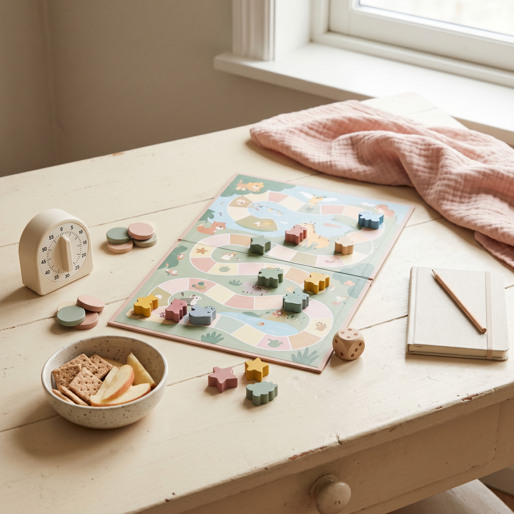 Flat-lay of preschool game session essentials: board game, snack, timer, pieces