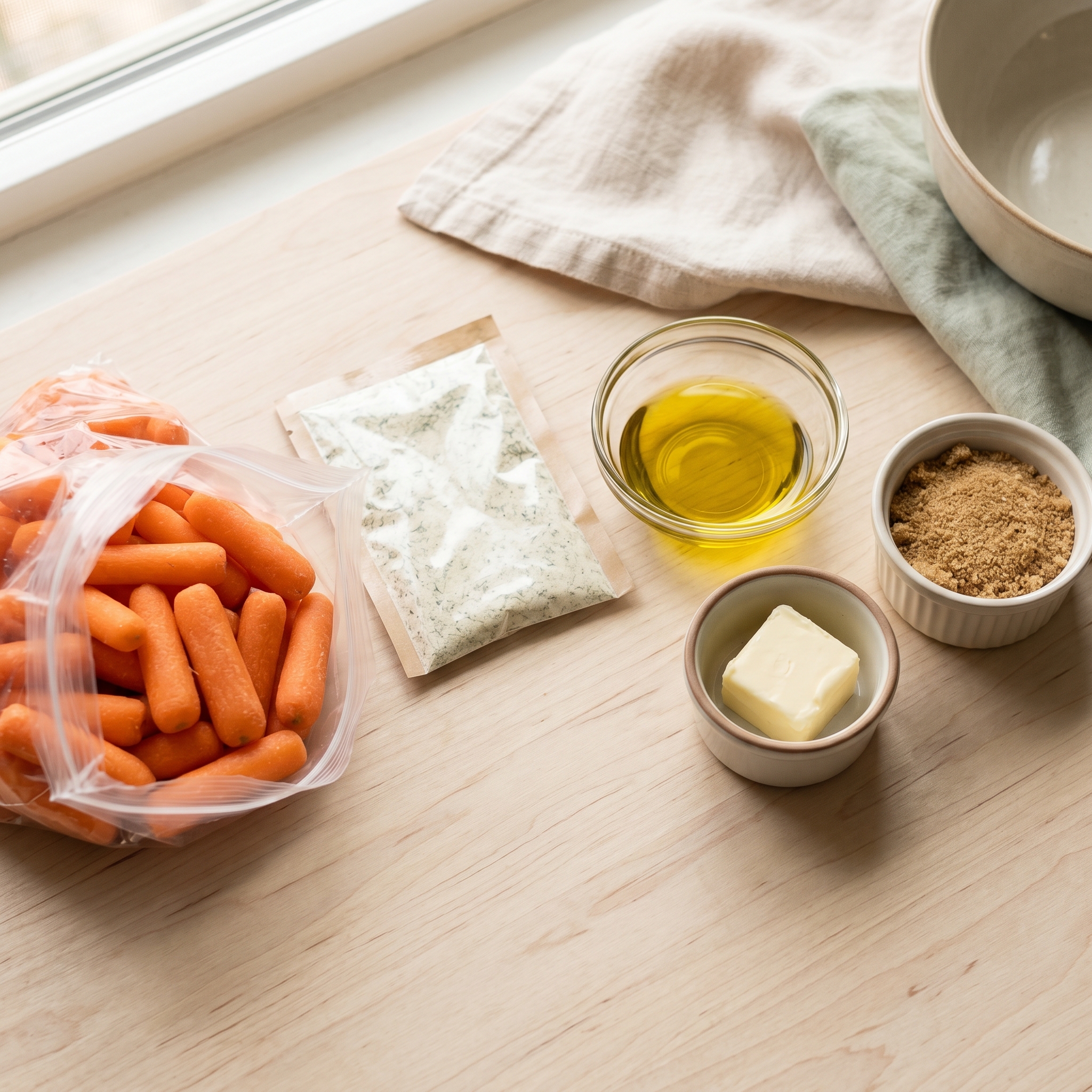 Baby carrots, a dry ranch seasoning packet, and olive oil arranged on a cream surface