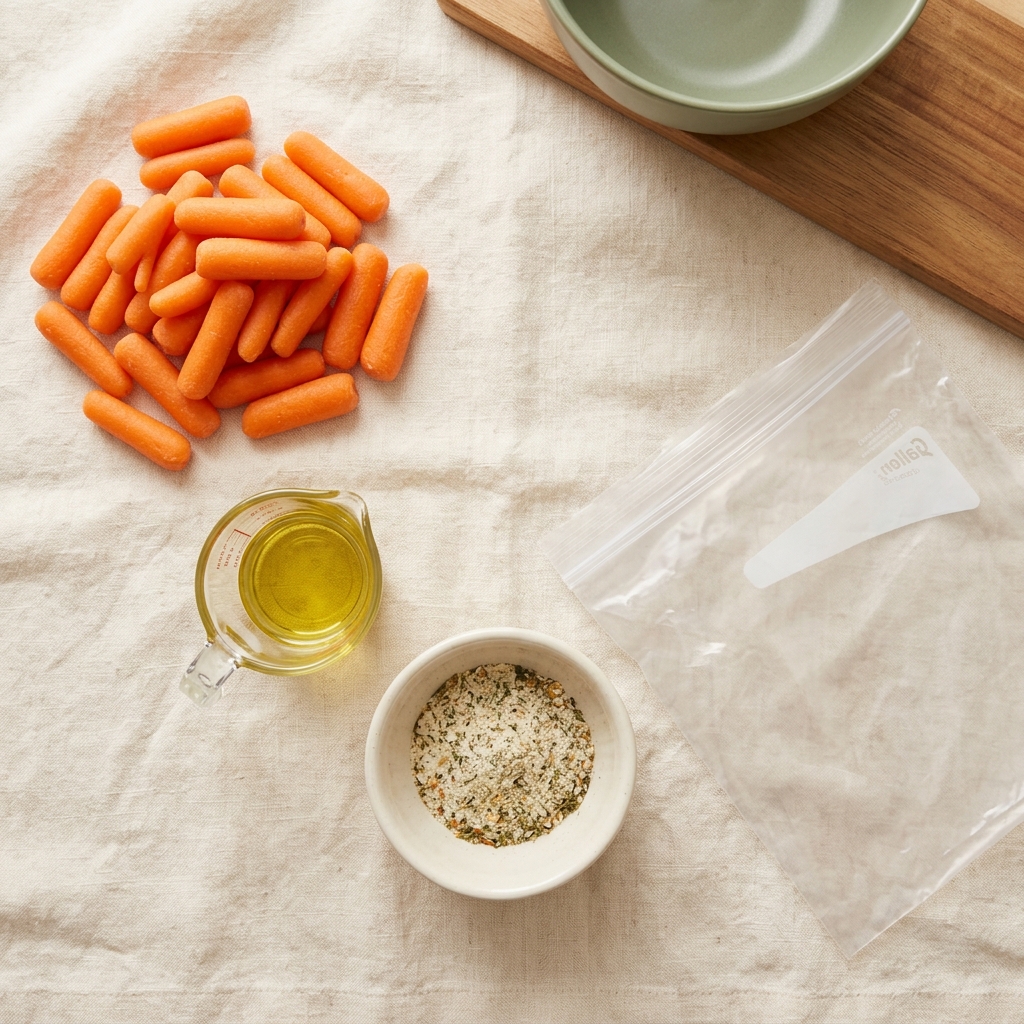 baby carrots olive oil dry ranch seasoning ingredients on cream surface