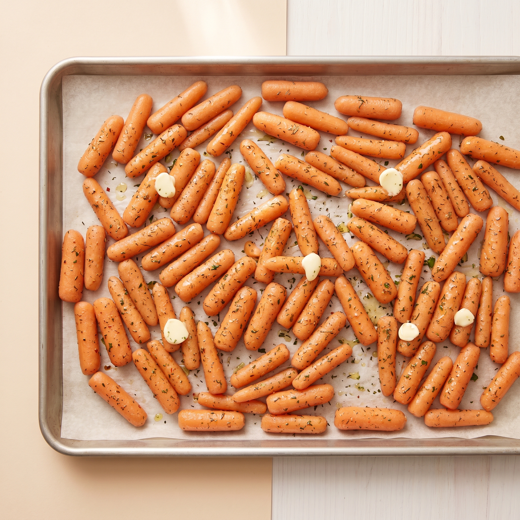 Seasoned baby carrots spread on a parchment-lined baking sheet ready to roast