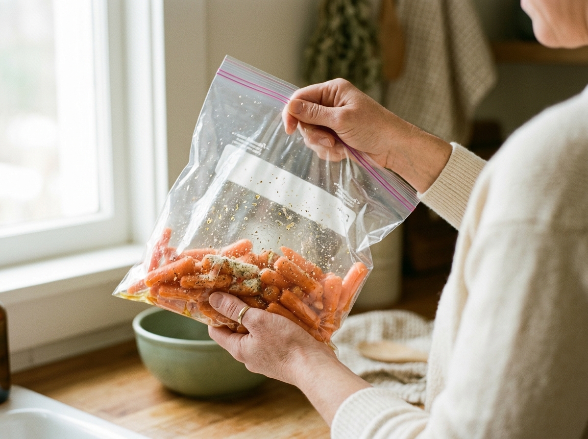 hands shaking zip-top bag of carrots with ranch seasoning coating