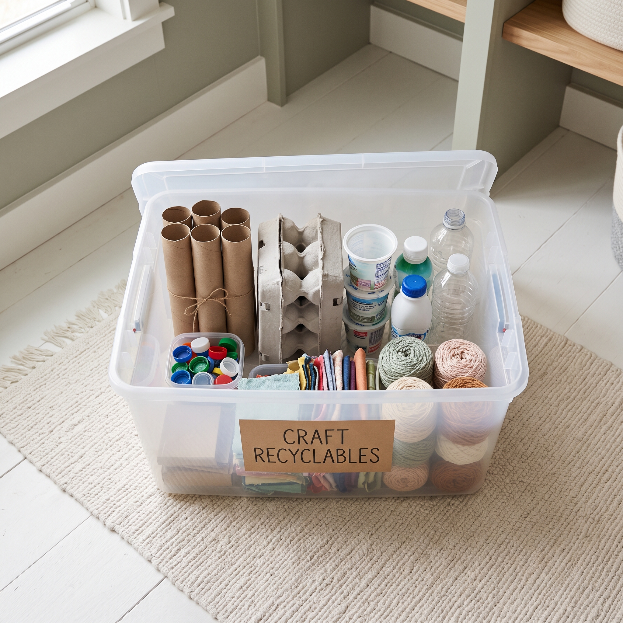Labeled plastic storage tote filled with sorted recycled materials including tubes, egg cartons, bottles