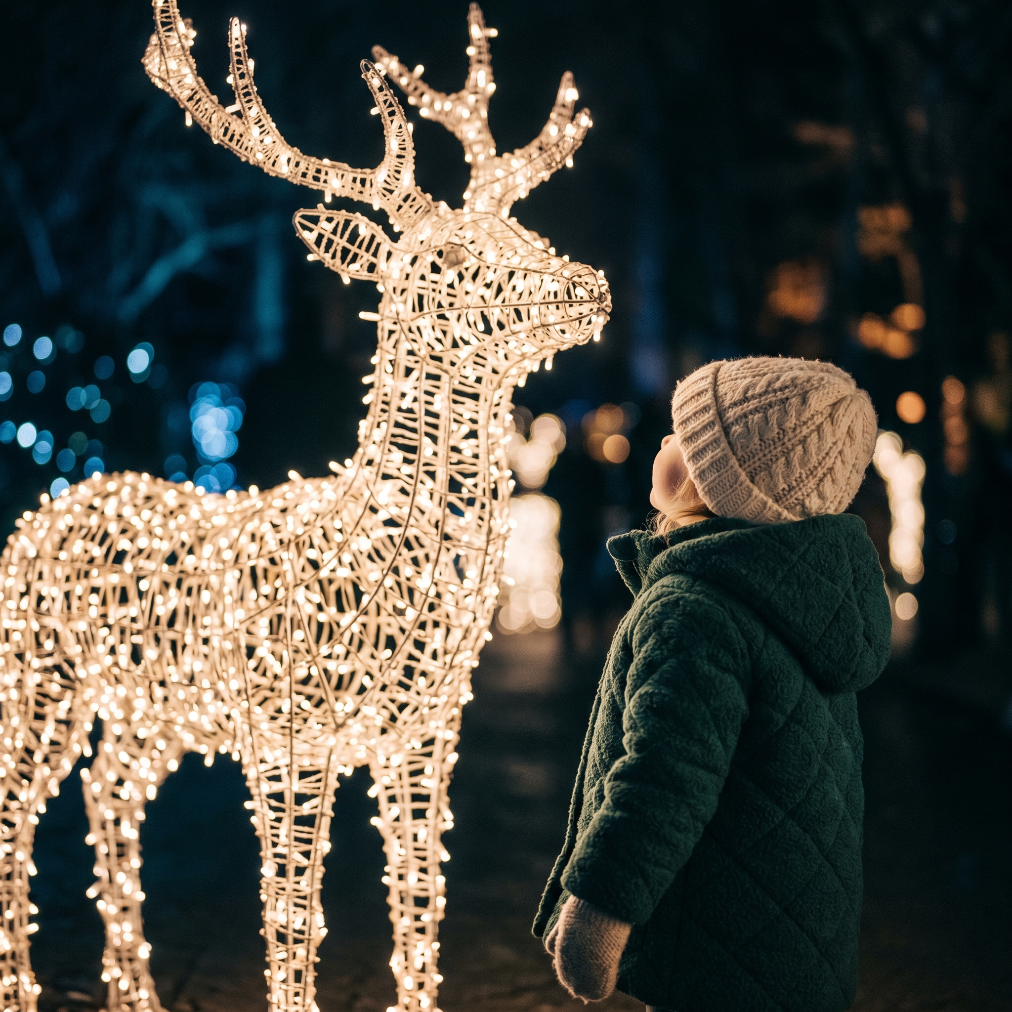 Oversized illuminated reindeer light sculpture with a child standing nearby for scale in the evening
