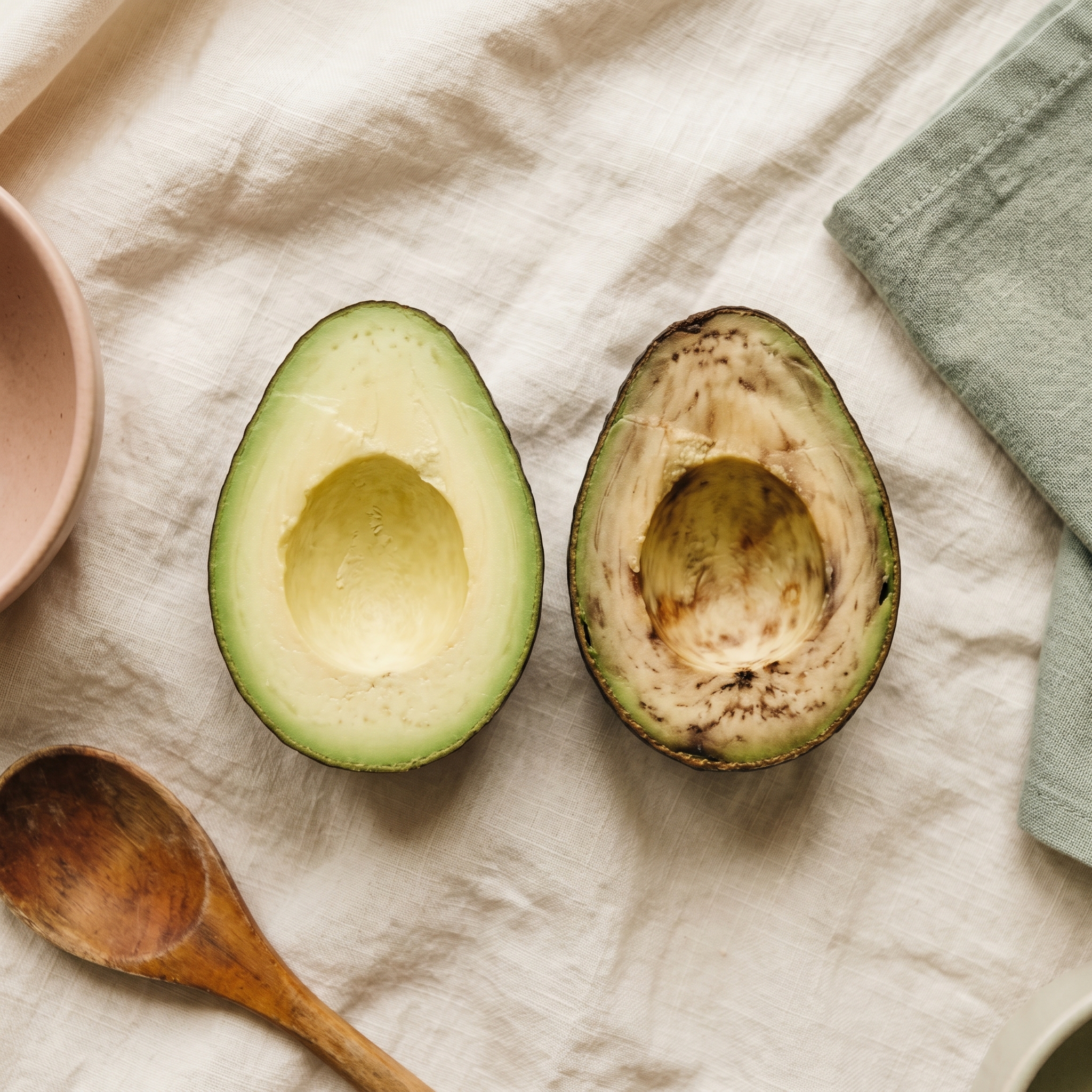 Two halved avocados side by side showing ripe green flesh and overripe brown flesh