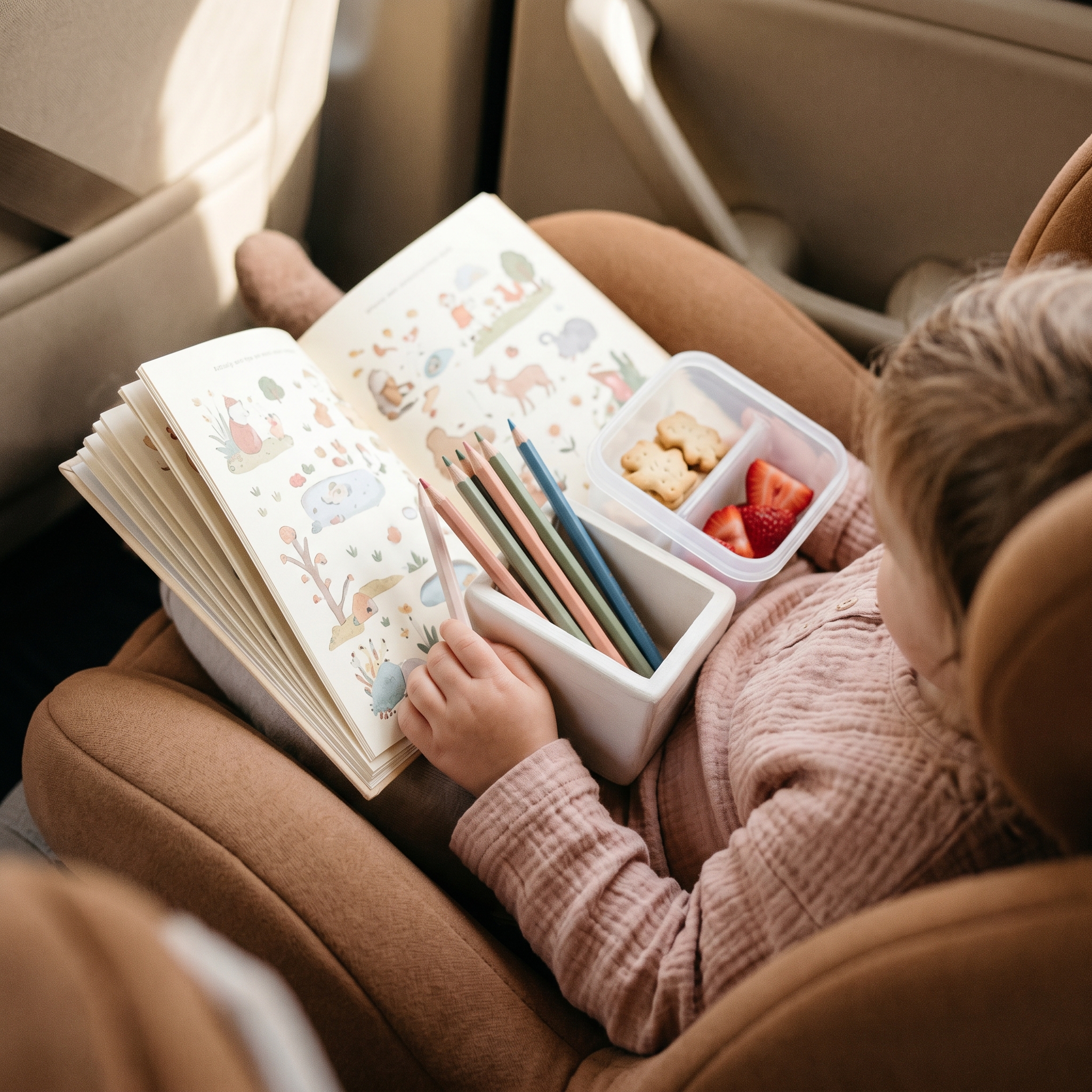 Child's lap with activity book, colored pencils, and snack container arranged for car travel