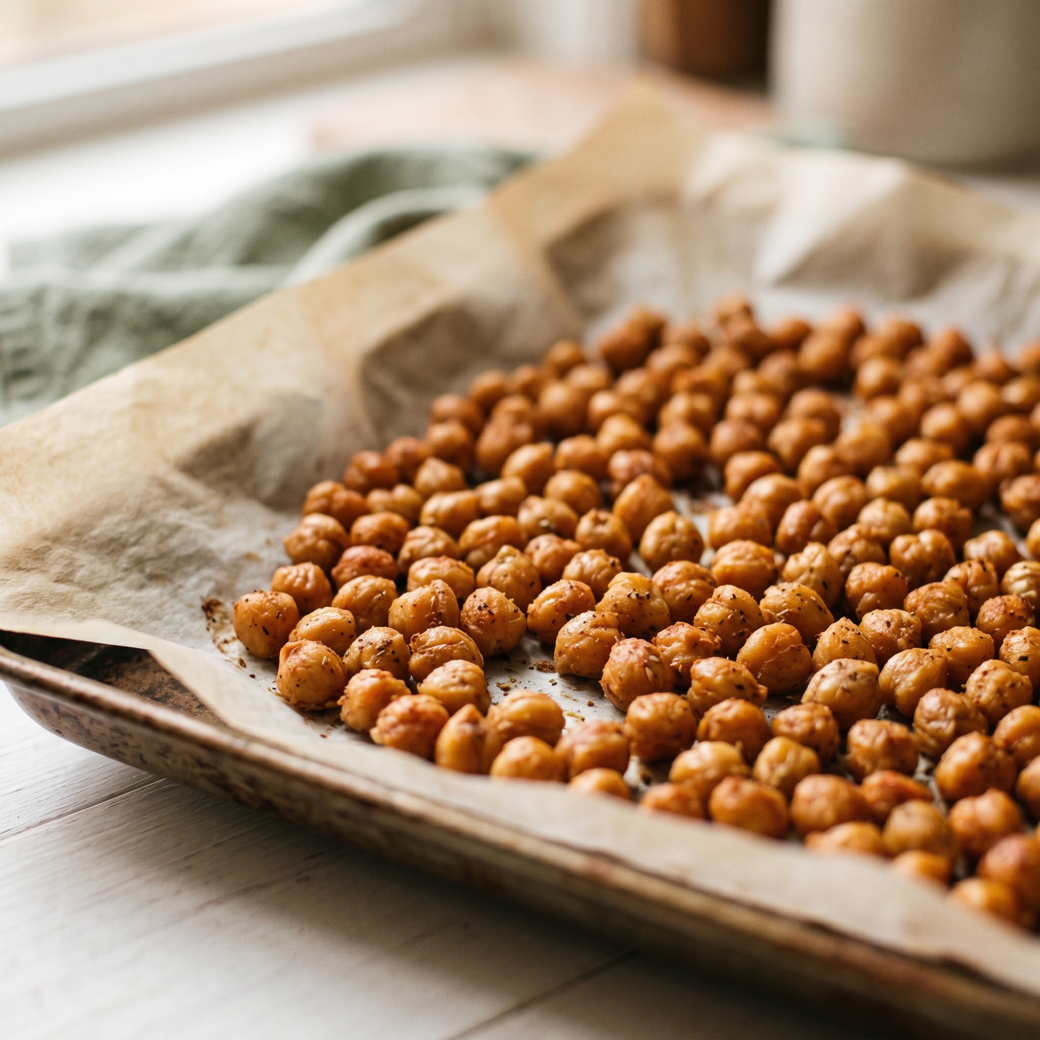 Golden roasted chickpeas mid-bake on parchment-lined baking sheet in oven