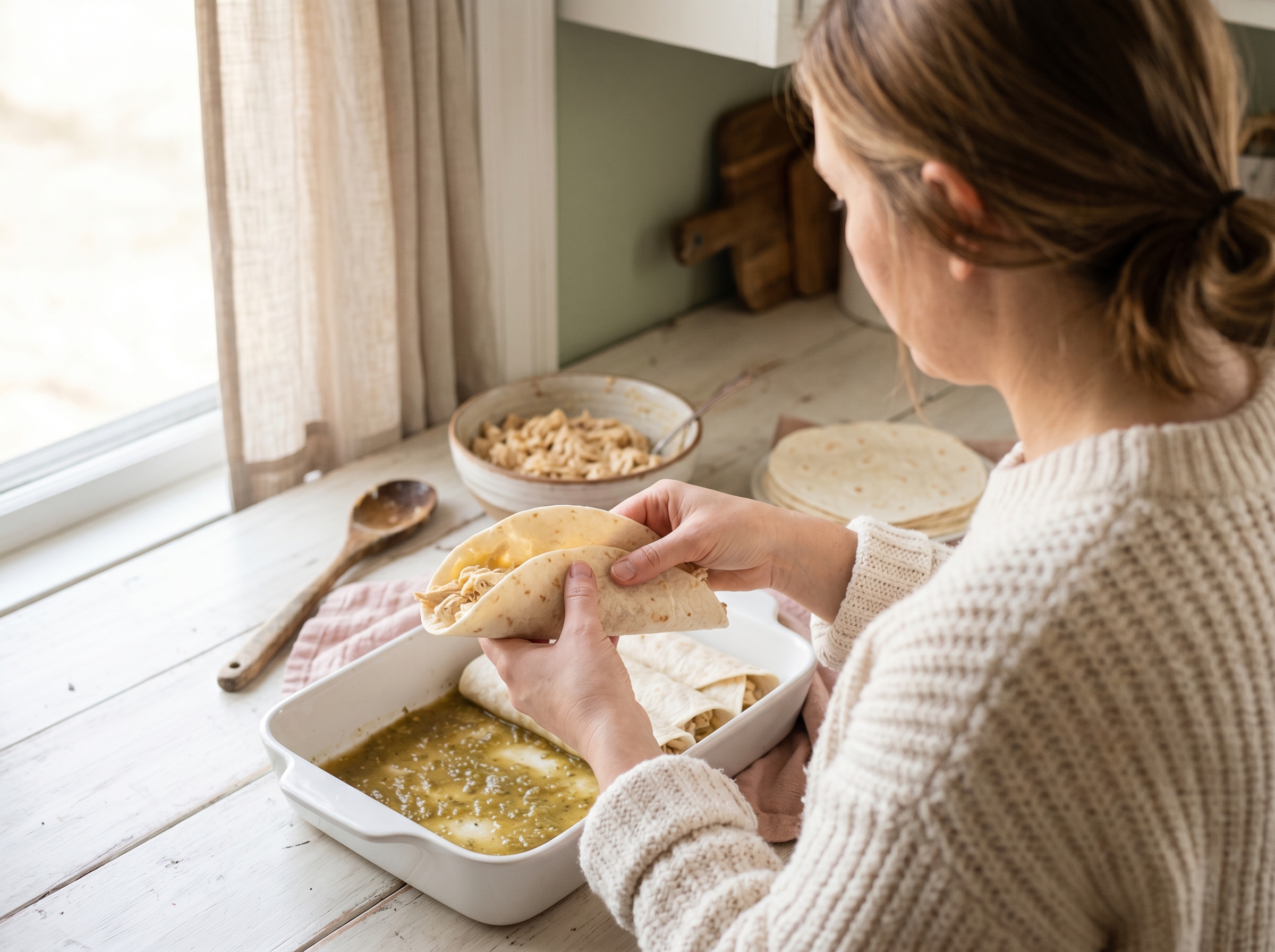 Hands rolling salsa verde chicken filling into a flour tortilla over a baking dish
