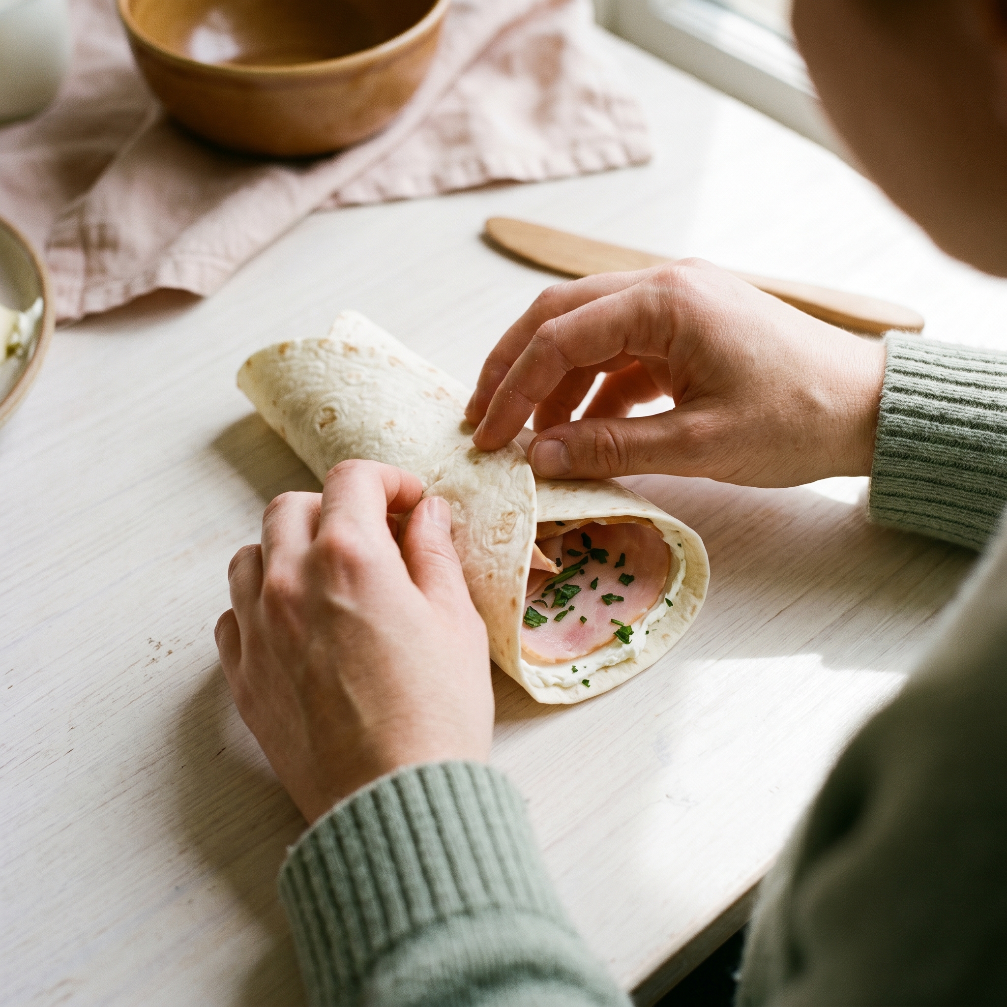 Hands rolling a filled tortilla tightly into a log shape on a light wood surface
