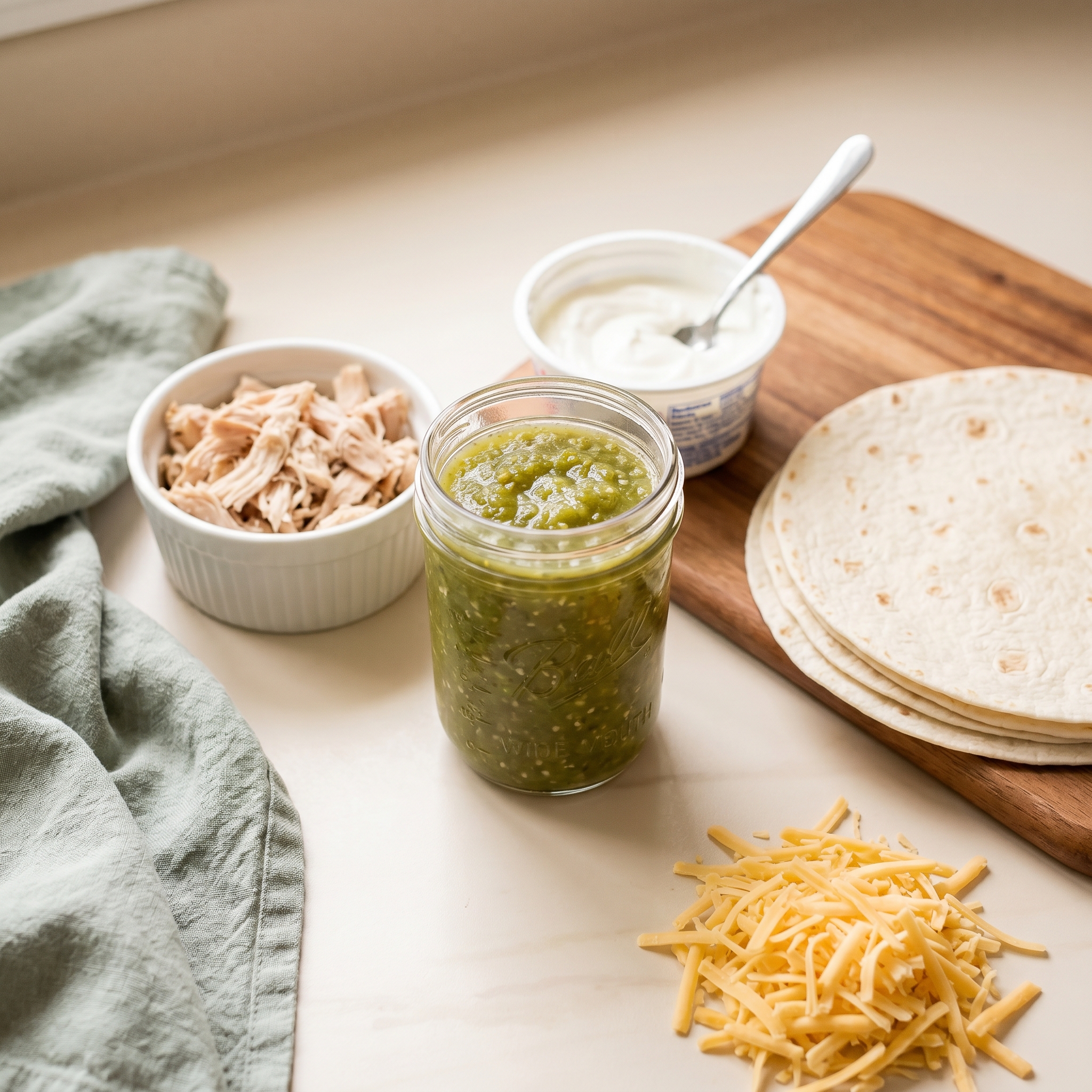 Jar of salsa verde, rotisserie chicken, sour cream, tortillas, and cheese arranged on a cream kitchen counter