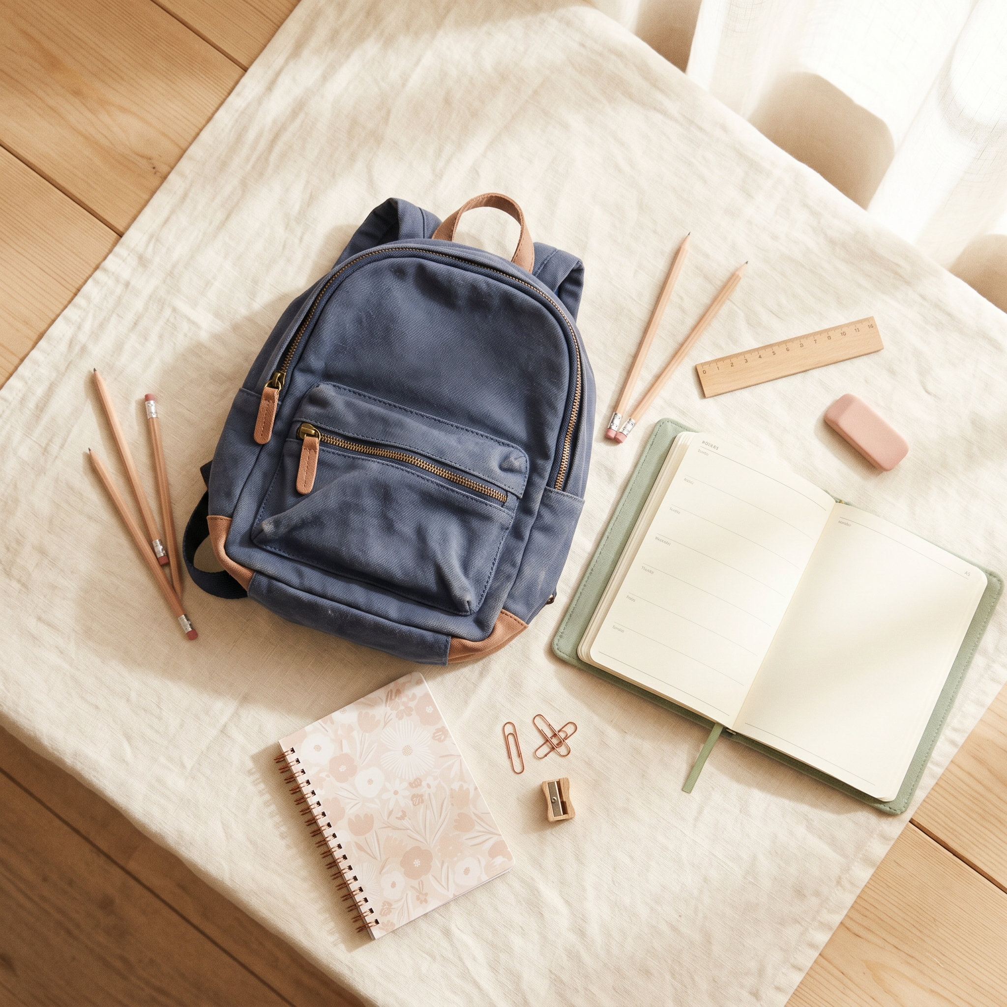 Flatlay of school supplies, backpack, and planner on kitchen table with natural window light