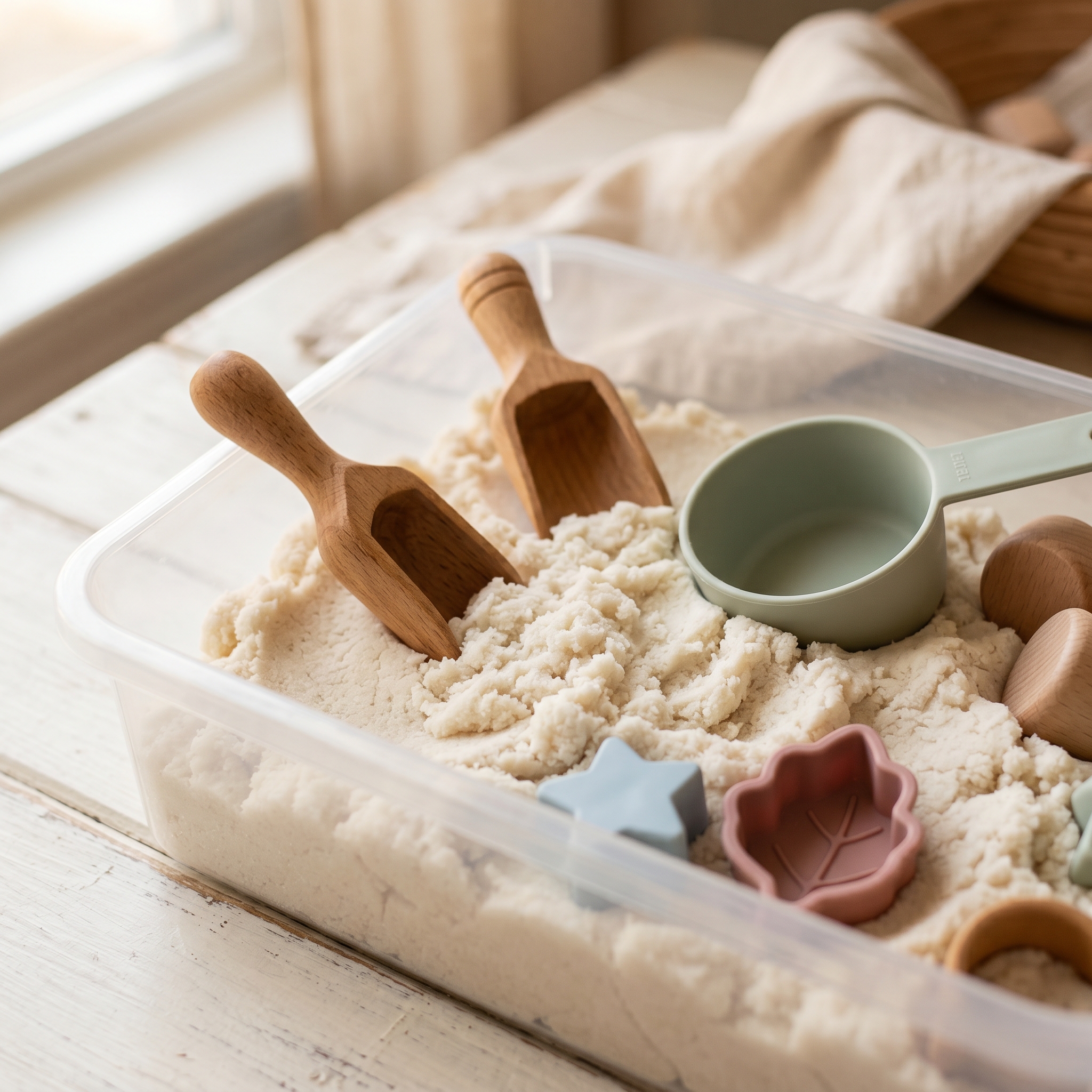 Close-up of cloud dough texture with small toys and measuring cups in a sensory bin