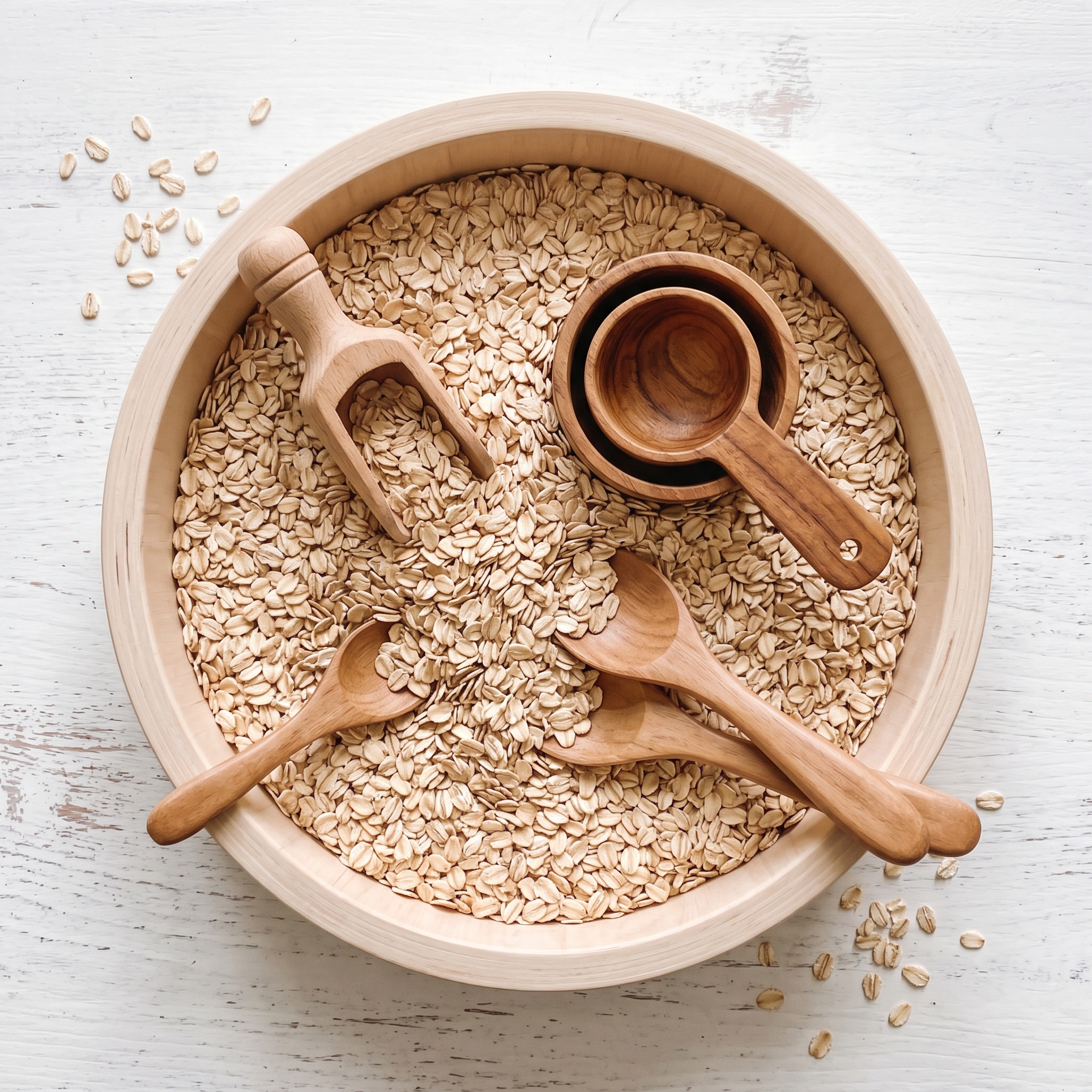 Low sensory bin filled with dried oats and small wooden scoops and measuring cups