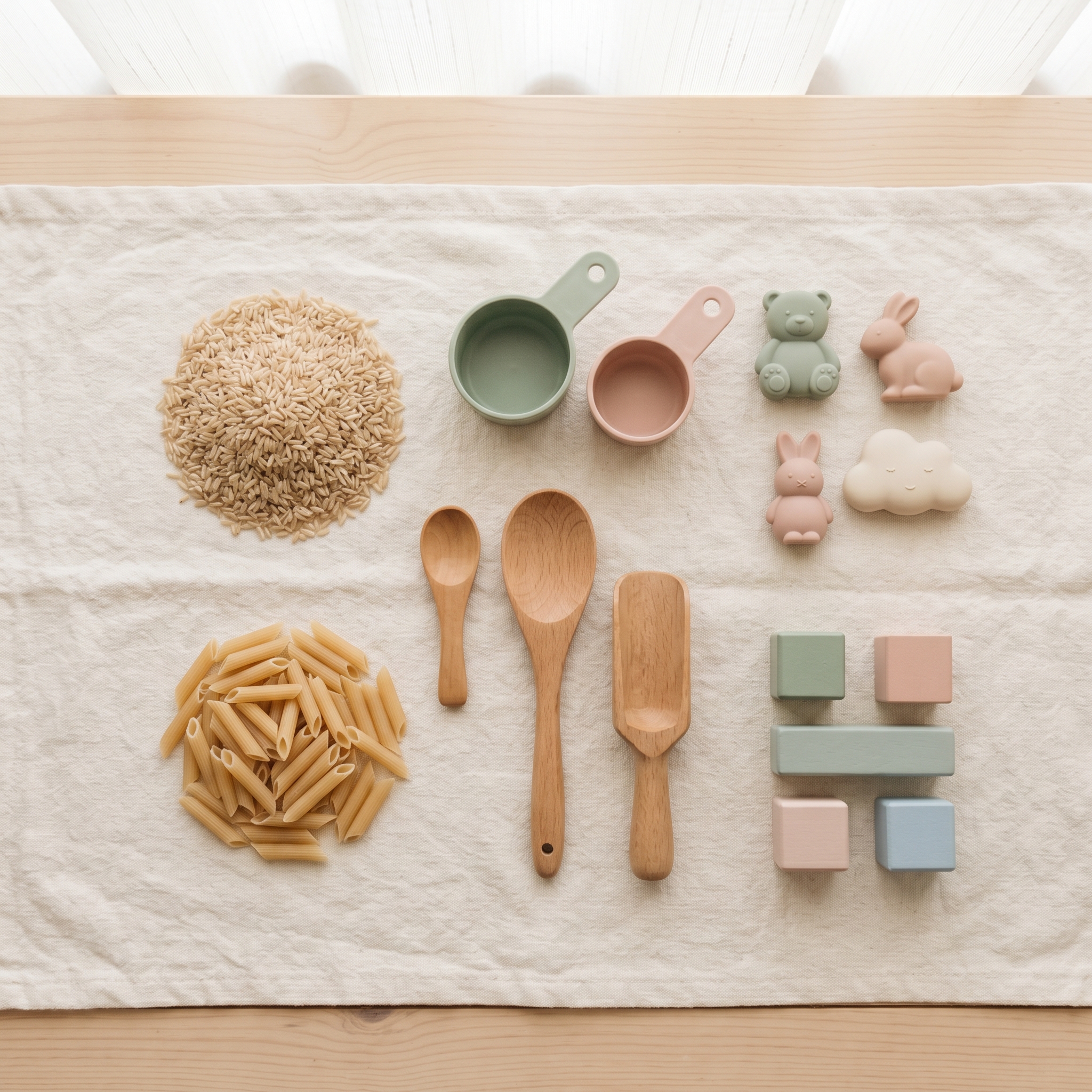 Overhead flatlay of sensory bin materials: rice, pasta, scoops, cups, and small toys arranged on cream surface