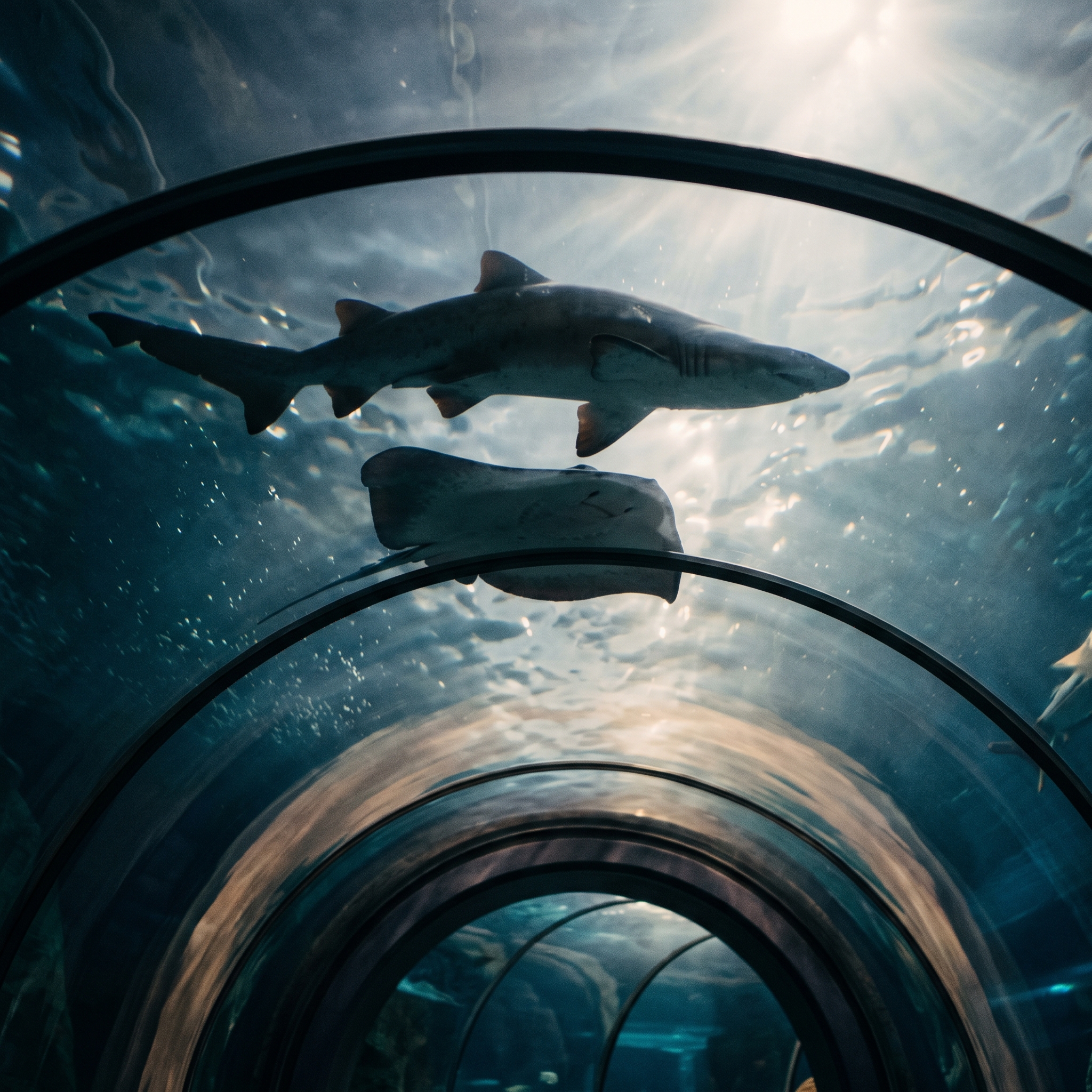 Shark and stingray silhouettes gliding above in a clear water tunnel