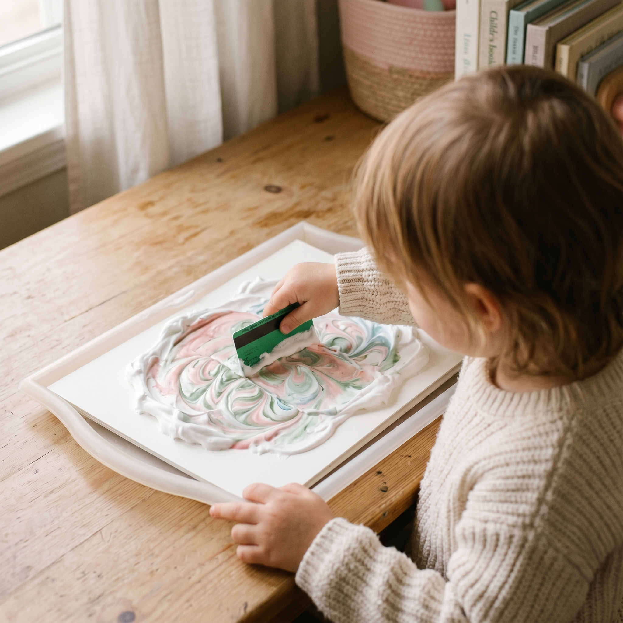 Child from behind using a plastic scraper to remove shaving cream from white paper, revealing marbled pattern underneath