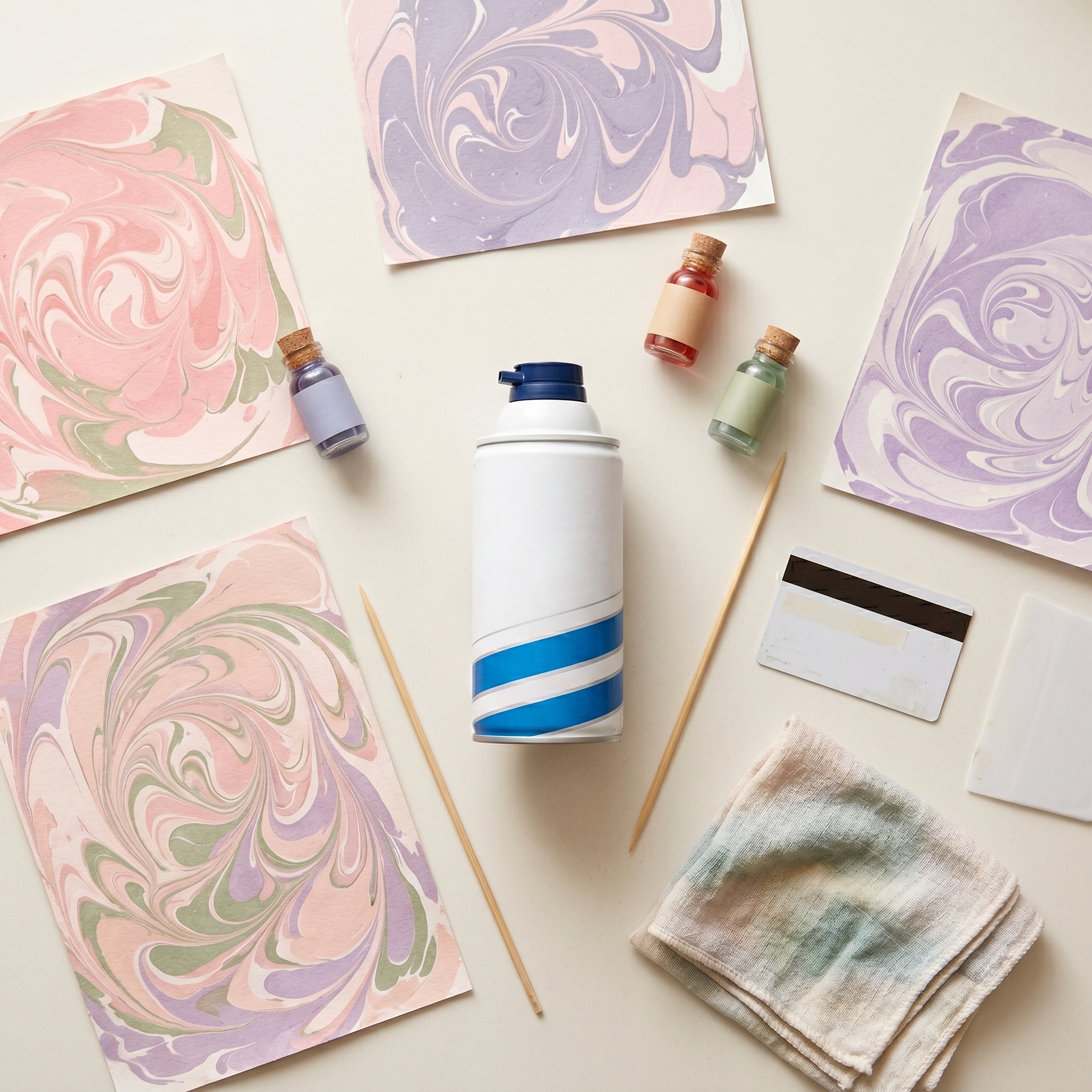 Overhead view of finished marbled paper pieces, foam shaving cream can, food coloring bottles