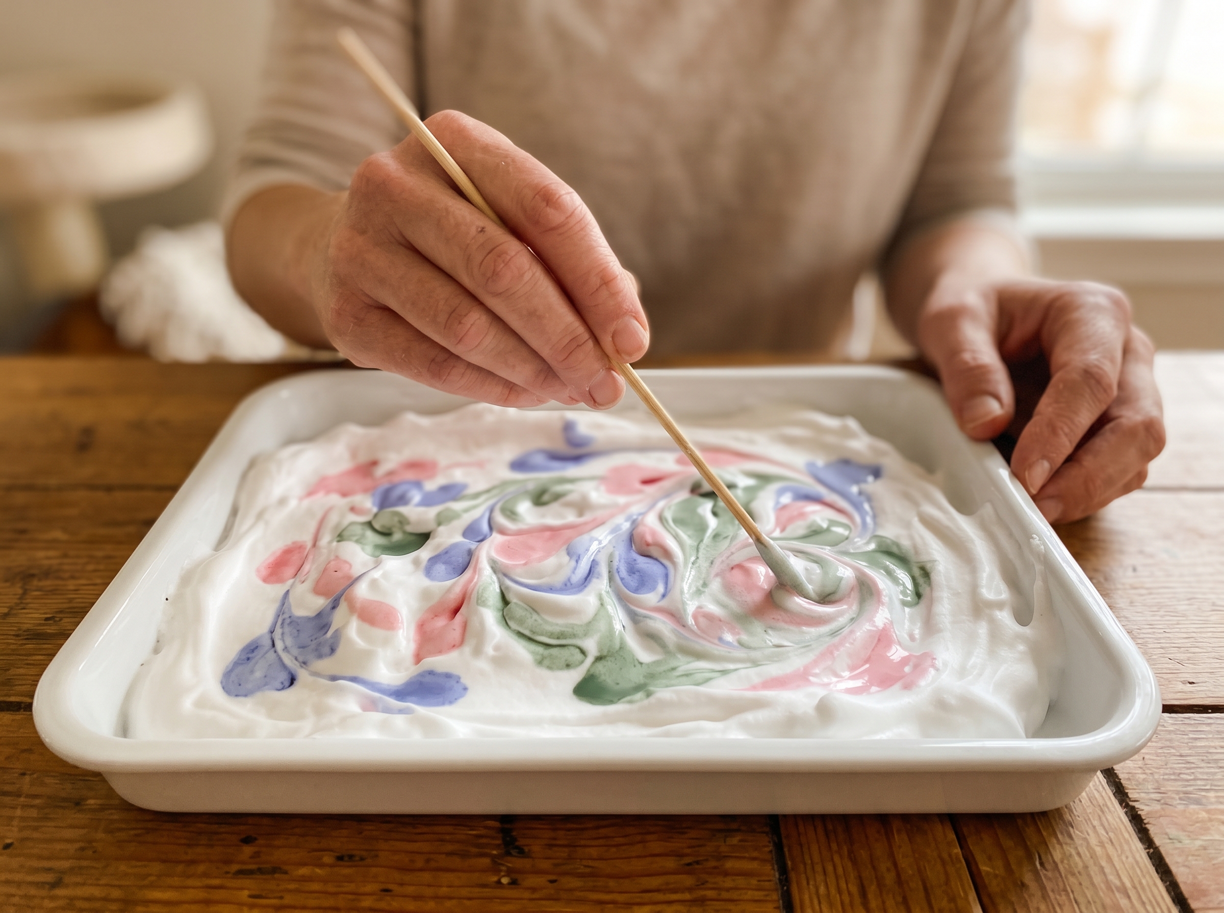 Adult hands swirling pink and blue food coloring into white shaving cream with a wooden skewer in a shallow tray