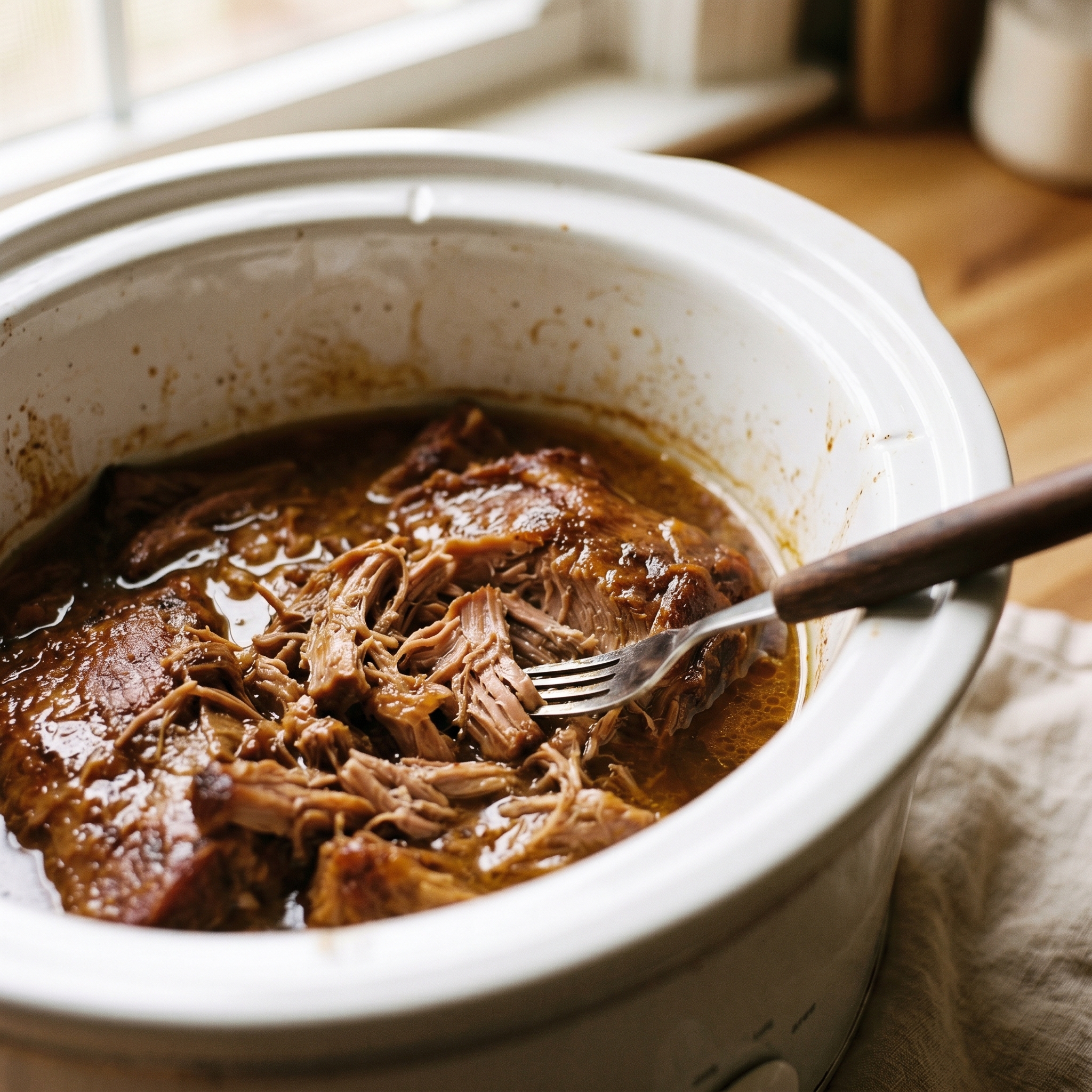 Fork-tender shredded Dr Pepper pulled pork in slow cooker with caramelized braising liquid