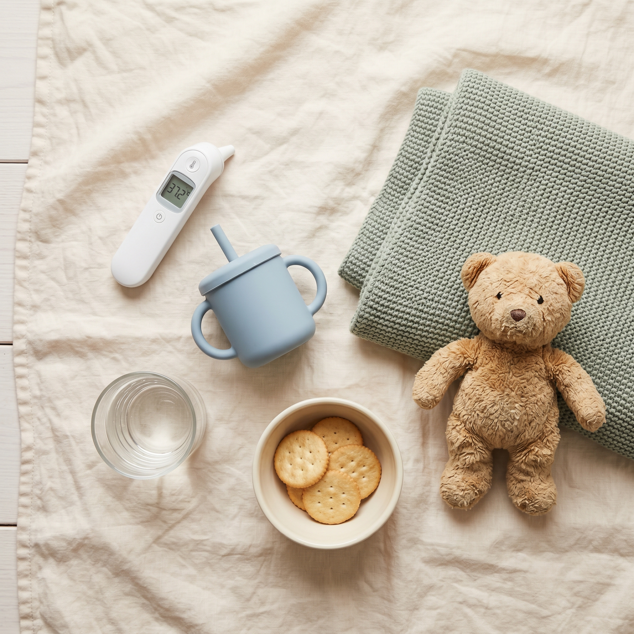 Flat lay of sick day items: thermometer, kids cup with straw, soft blanket, stuffed animal, natural light