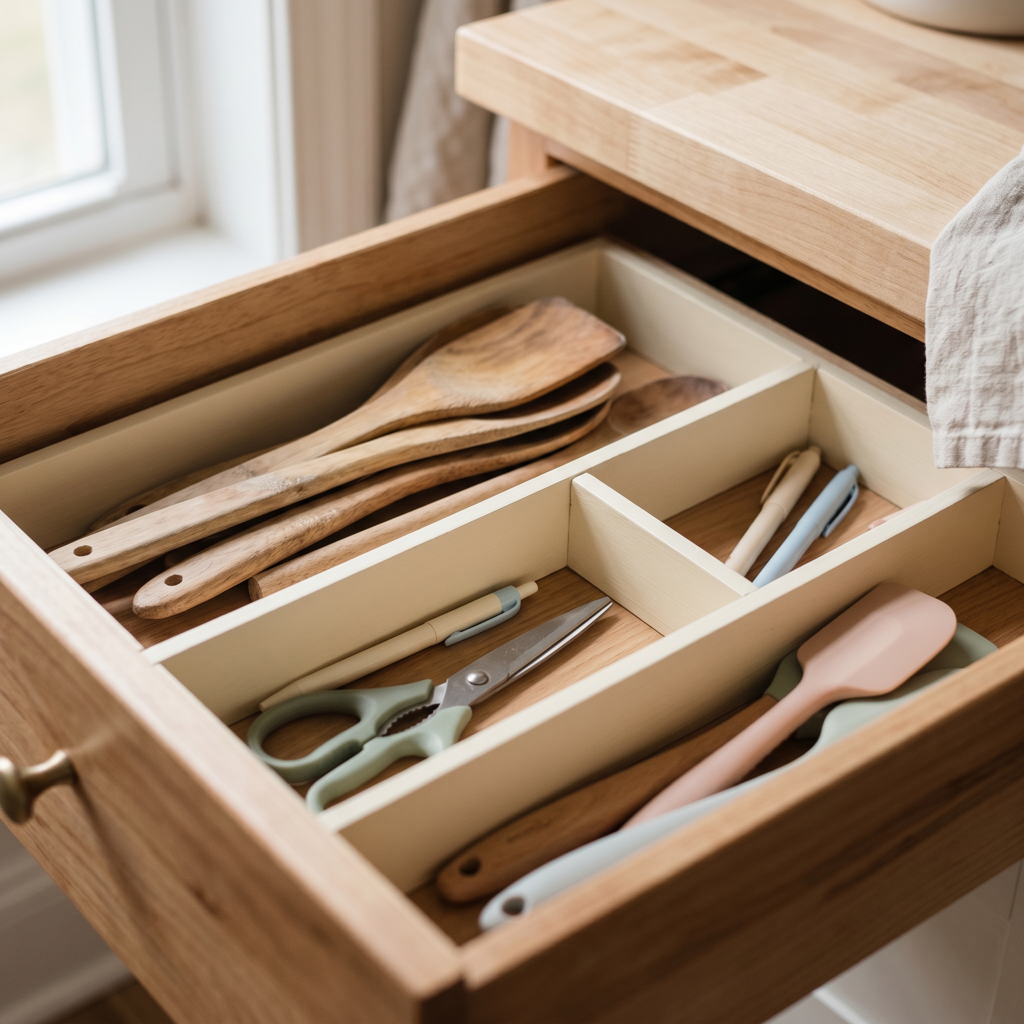 Open kitchen drawer with neatly organized utensils and small items in soft natural light