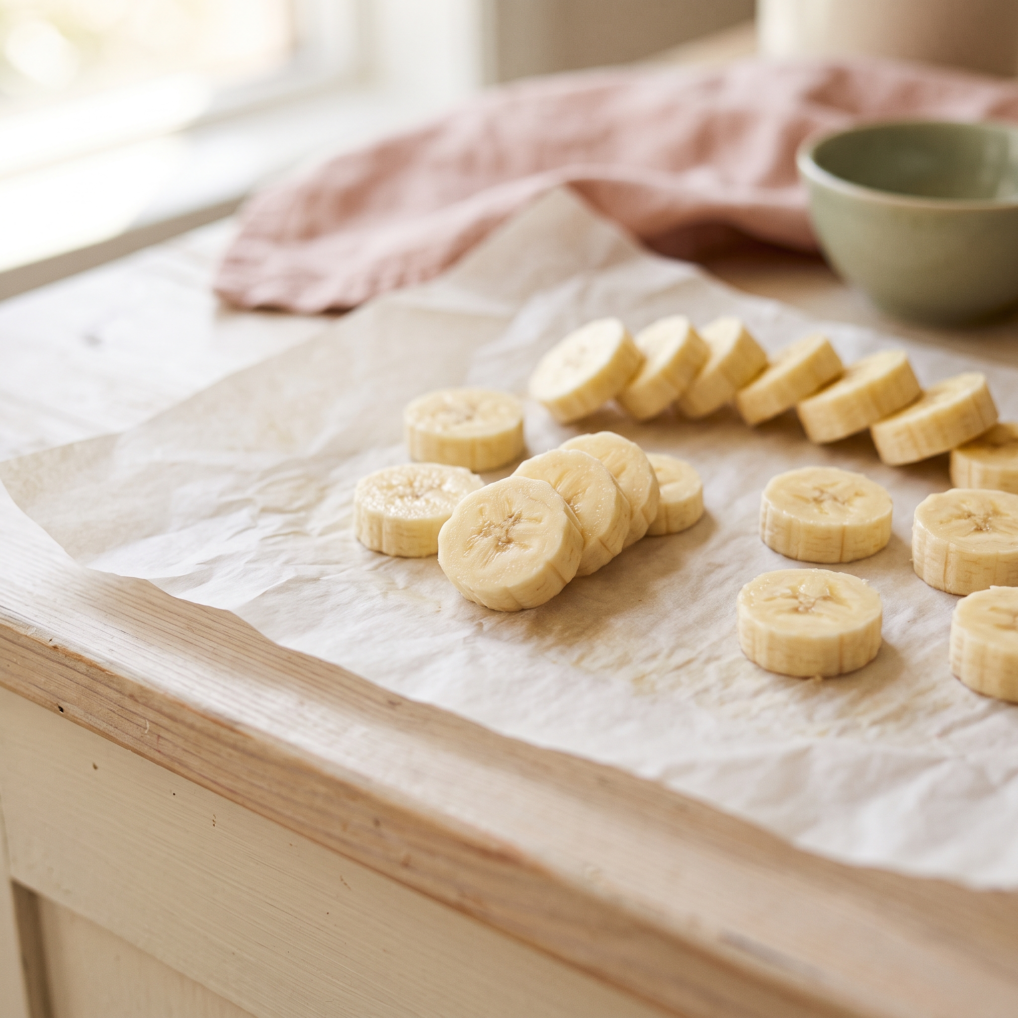 Sliced banana rounds on parchment paper ready for chocolate dipping