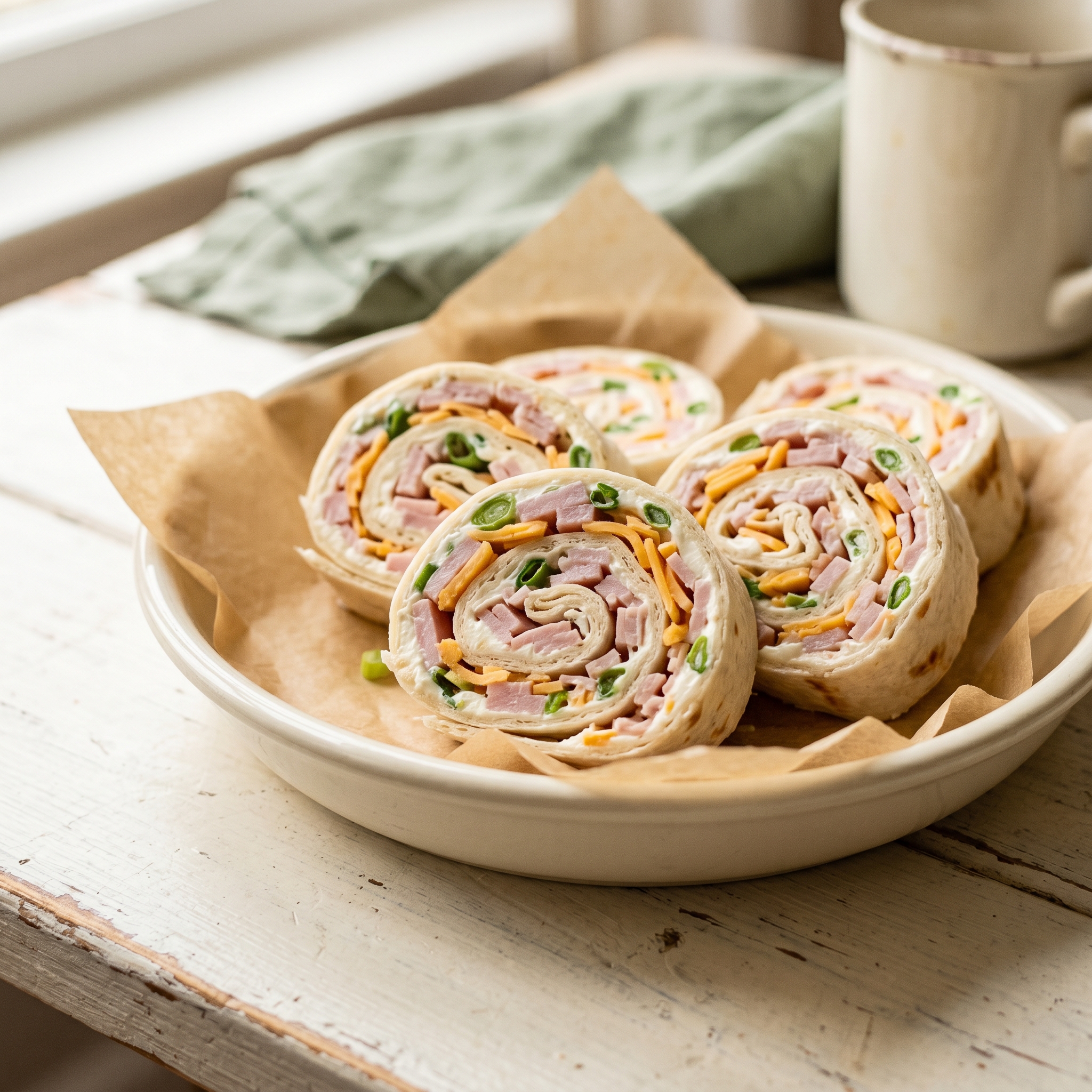 Freshly sliced tortilla pinwheels showing creamy filling, ham, cheese, and green onion layers