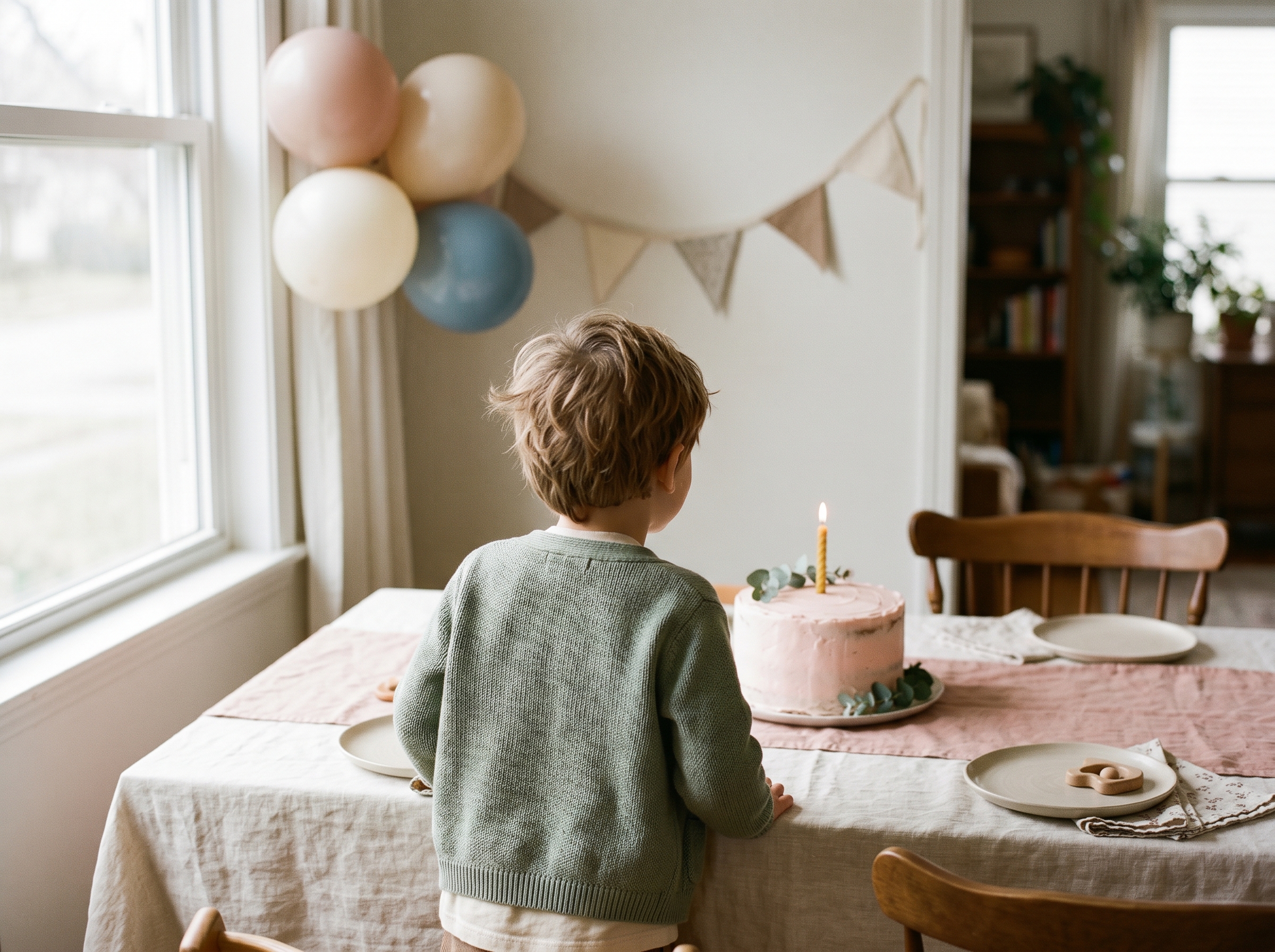 Child from behind watching a small birthday party table with cake, balloons, and decorations