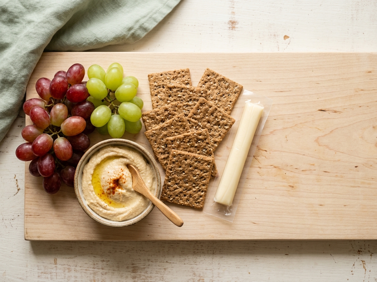Overhead view of snack ingredients on a light wood surface including whole grain crackers, string cheese, grapes
