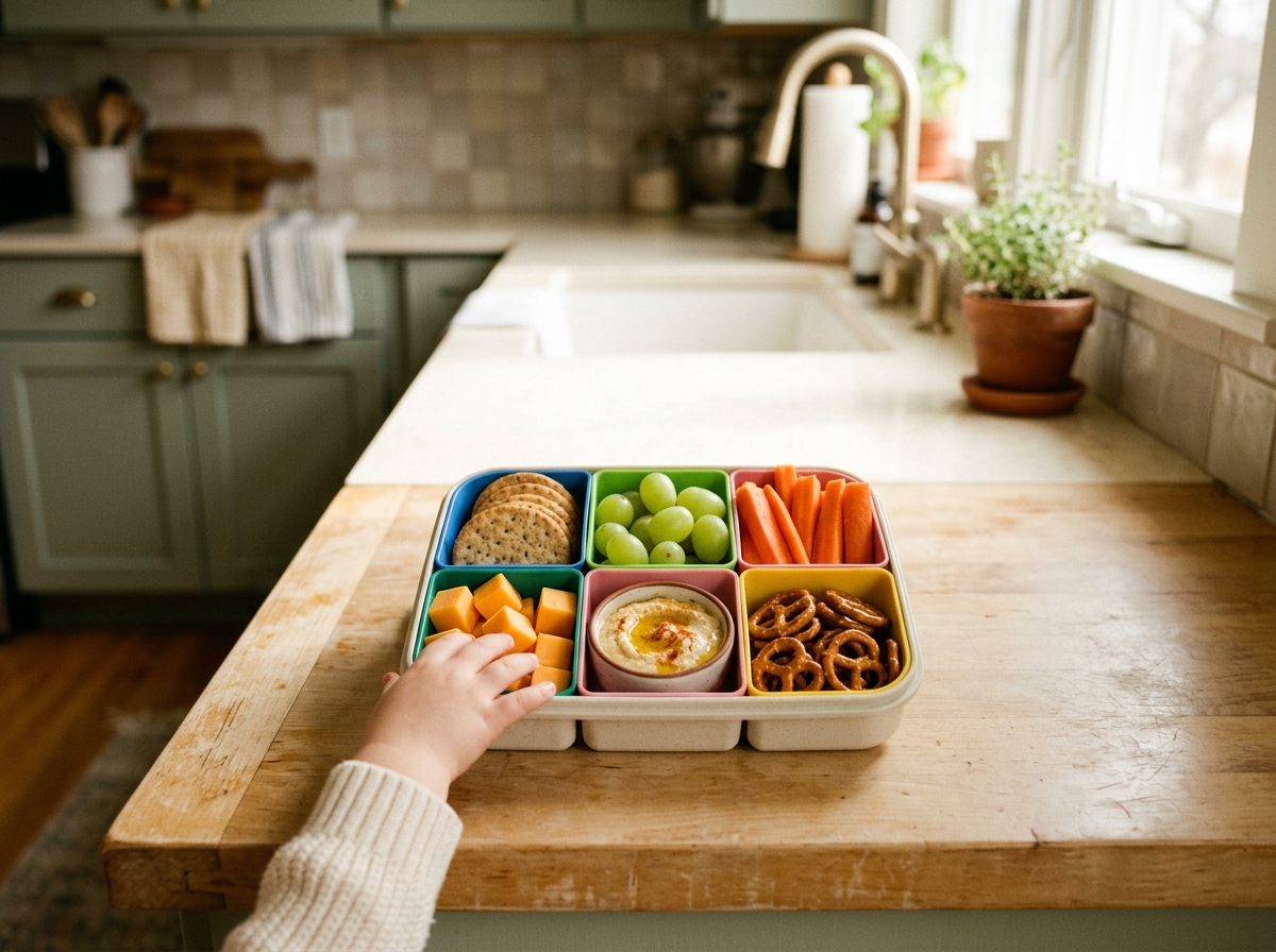 Divided snack container with compartments filled with cheese cubes, crackers, grapes, and hummus on a kitchen counter